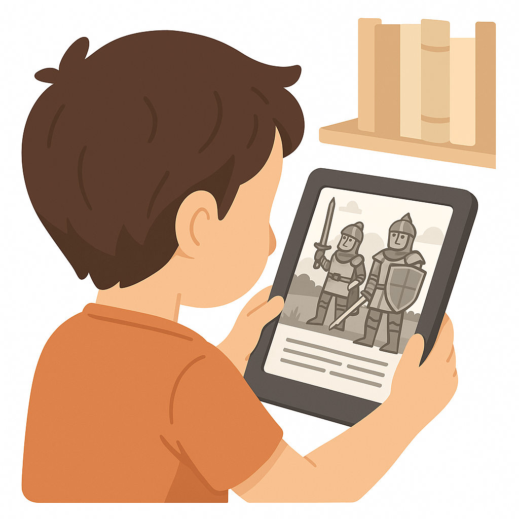 Kind, das ein E-Book auf einem E-Reader liest