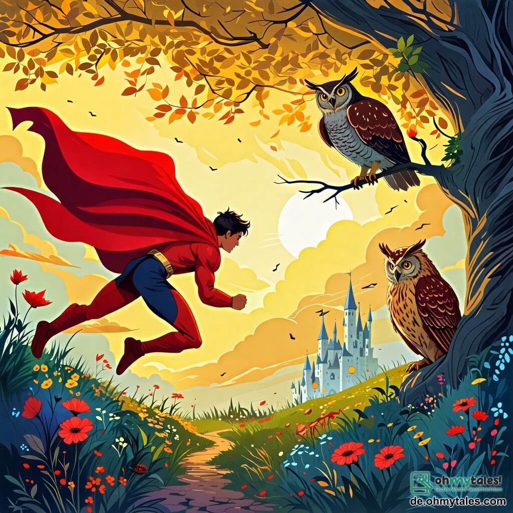 Une illustration sous forme de dessin destinée aux enfants représentant un paysage féerique de couleurs vives dans un royaume magique, avec un homme musclé portant un costume rouge et un cape flottante, courant à toute vitesse pour affronter un ombre menaçante qui aspire les couleurs, tandis qu'une sage vieille chouette aux plumes dorées, perchée sur une branche, observe la scène avec des yeux ronds et inquiets, le tout baigné dans une lumière éclatante qui souligne l'urgence de la situation.
