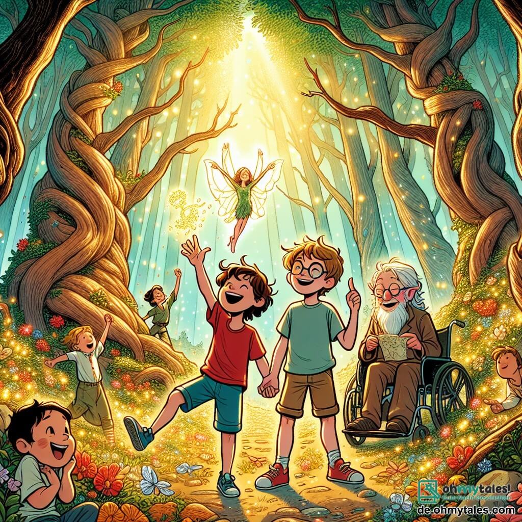 Illustration einer magischen Szene in einem verzauberten Wald, wo große Bäume mit knorrigen Stämmen in den blauen Himmel mit flauschigen Wolken ragen. Sonnenstrahlen filtern durch das dichte Laub und erleuchten den mit bunten Blumen und goldenen Blättern bedeckten Boden. Im Zentrum des Bildes steht ein etwa 10-jähriger Junge mit braunen, lockigen Haaren, der ein rotes T-Shirt und eine blaue Shorts trägt. Er lächelt mit erhobenen Armen im Siegzeichen. Neben ihm steht ein 9-jähriger Junge mit blonden Haaren und einer Brille, der mit Staunen eine handgezeichnete Karte hält. Ein dritter Junge, etwa 11 Jahre alt mit kastanienbraunen Haaren, sitzt im Rollstuhl und lächelt breit, während er auf eine kleine Elfe mit glitzernden Flügeln zeigt, die fröhlich um sie herumfliegt. Die Hauptsituation zeigt die Kinder, die ihren Erfolg feiern, nachdem sie die "Kluft des Mutes" überquert haben, eine Hängebrücke über einem Abgrund, mit Freude und Aufregung auf ihren Gesichtern. Im Hintergrund beobachtet eine weise große Schildkröte sie wohlwollend, während magische Kreaturen wie leuchtende Schmetterlinge und bunte Vögel der Szene einen Hauch von Märchenhaftigkeit verleihen.