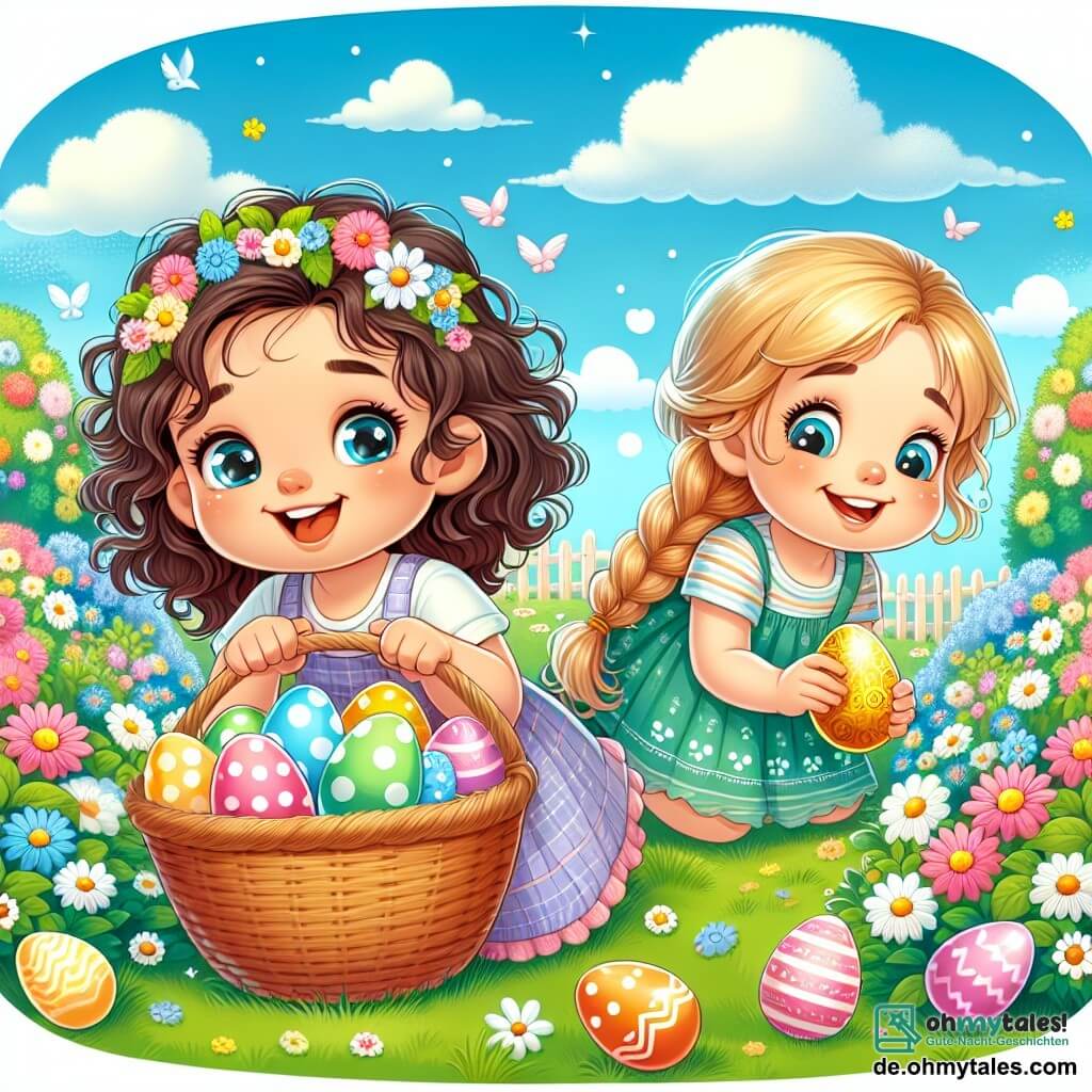 Une illustration sous forme de dessin destinée aux enfants représentant un magnifique jour de printemps dans un jardin en fleurs, avec une petite fille de 5 ans aux cheveux blonds bouclés et aux yeux pétillants, croulant sous un panier rempli d'œufs de Pâques colorés, tandis qu'à ses côtés, sa meilleure amie, une fille aux cheveux bruns tressés et au sourire radieux, scrute attentivement le sol à la recherche d'un mystérieux œuf doré, le tout sous un ciel bleu éclatant parsemé de nuages blancs duveteux.