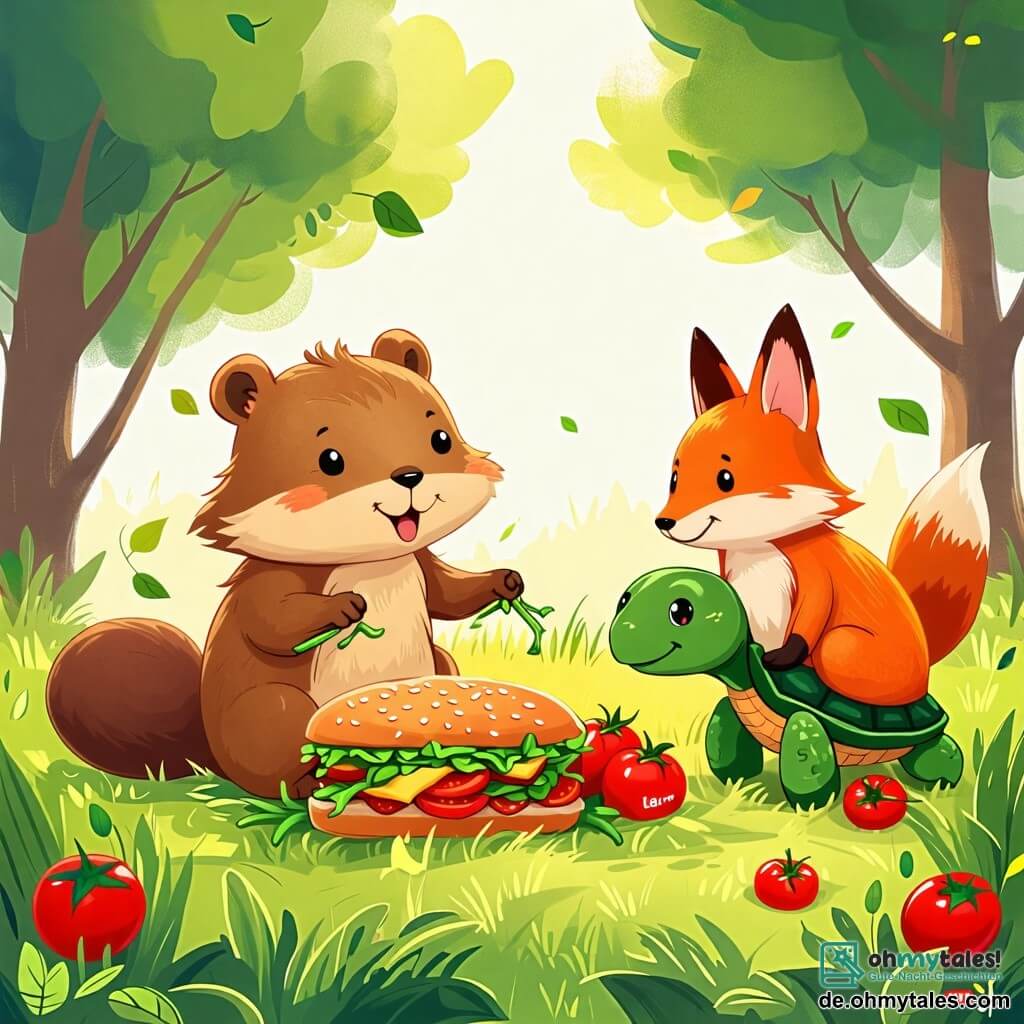 Une illustration sous forme de dessin destinée aux enfants représentant une clairière ensoleillée, avec une petite marmotte au pelage brun et doux, assise sur l'herbe, en train de préparer un énorme sandwich en utilisant des brins d'herbe et des tomates, tandis qu'un renard rusé avec une fourrure orange et une queue touffue l'observe avec un sourire malicieux, et une tortue joyeuse au carapace verte s'approche en portant des tomates juteuses, le tout dans une ambiance colorée et amicale, illustrant le thème de l'amitié et de la collaboration entre les animaux.