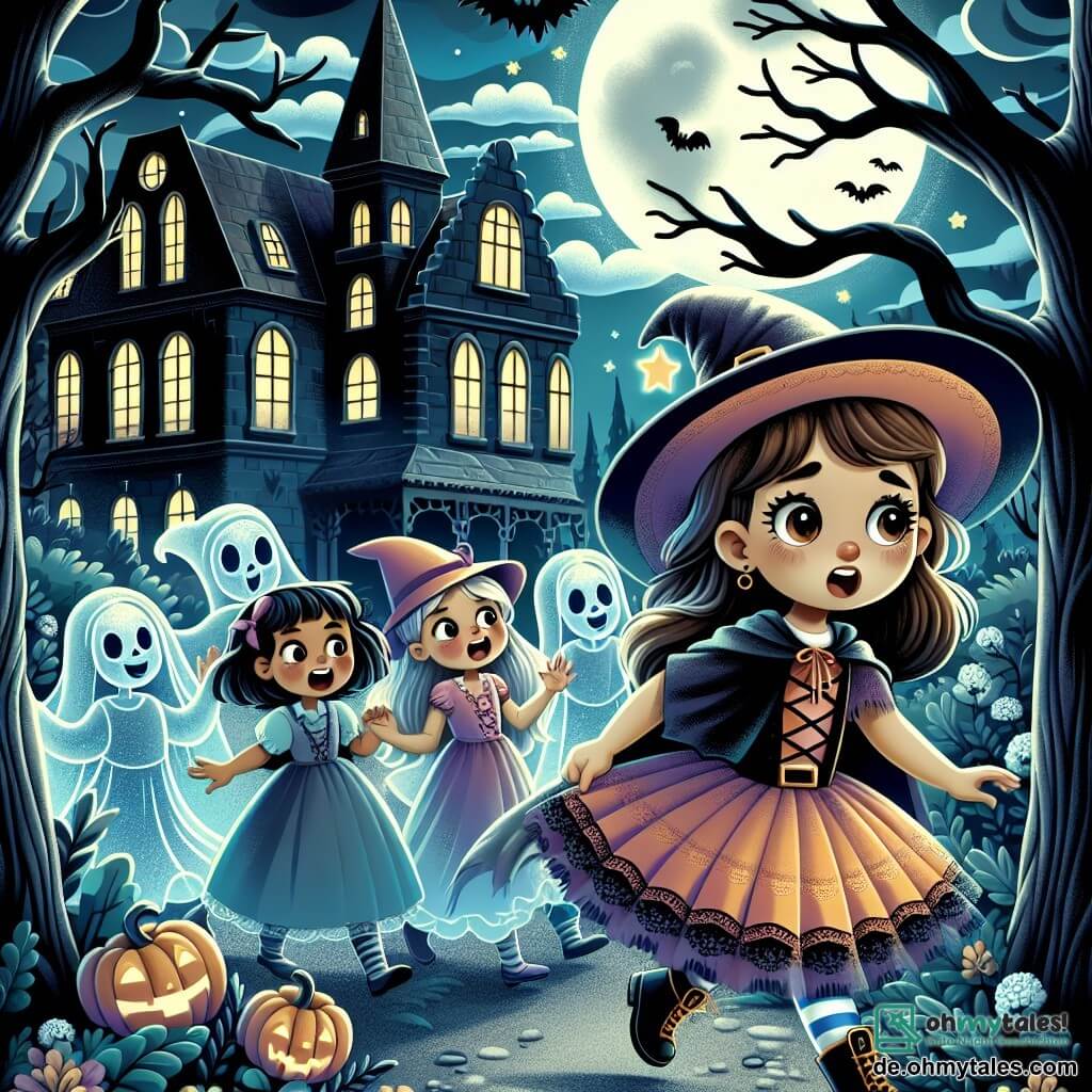 Une illustration destinée aux enfants représentant une jeune fille déguisée en sorcière, explorant un vieux manoir hanté avec ses amis, sous la lueur argentée de la pleine lune, entourés de mystérieux esprits bienveillants, dans un jardin envahi par les ombres dansantes des arbres centenaires.