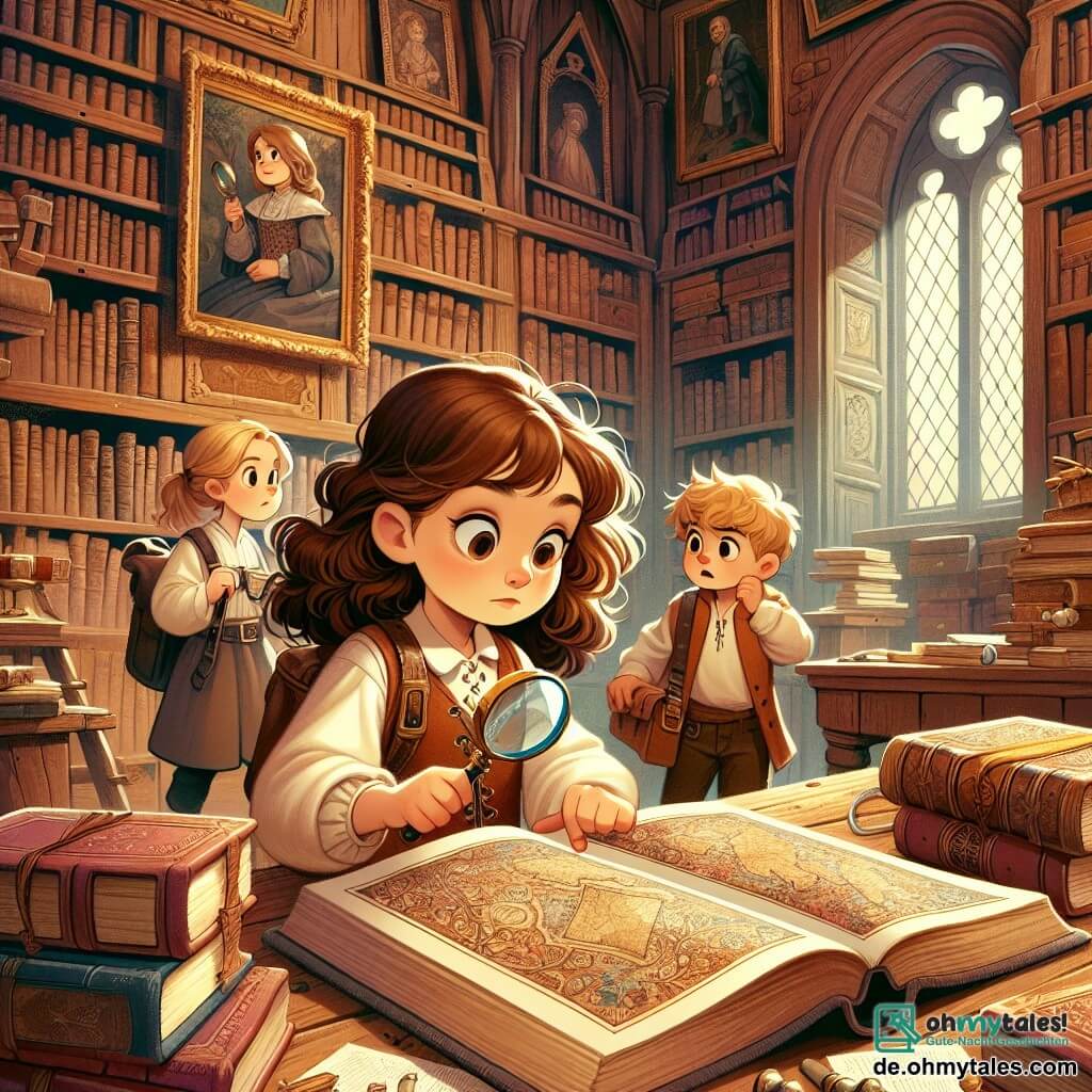 Une illustration sous forme de dessin destinée aux enfants représentant une vieille bibliothèque aux murs en bois, remplie de livres poussiéreux et de tableaux anciens, où une fille de 9 ans aux cheveux bruns et bouclés, portant une loupe et un petit sac à dos, examine avec curiosité un grand livre ouvert sur une table, tandis que deux de ses amis, un garçon aux cheveux blonds et une fille aux cheveux châtains, regardent avec émerveillement une carte mystérieuse qui semble mener à un trésor caché, le tout baigné dans une lumière douce et chaleureuse qui évoque un sentiment d'aventure et de découverte.