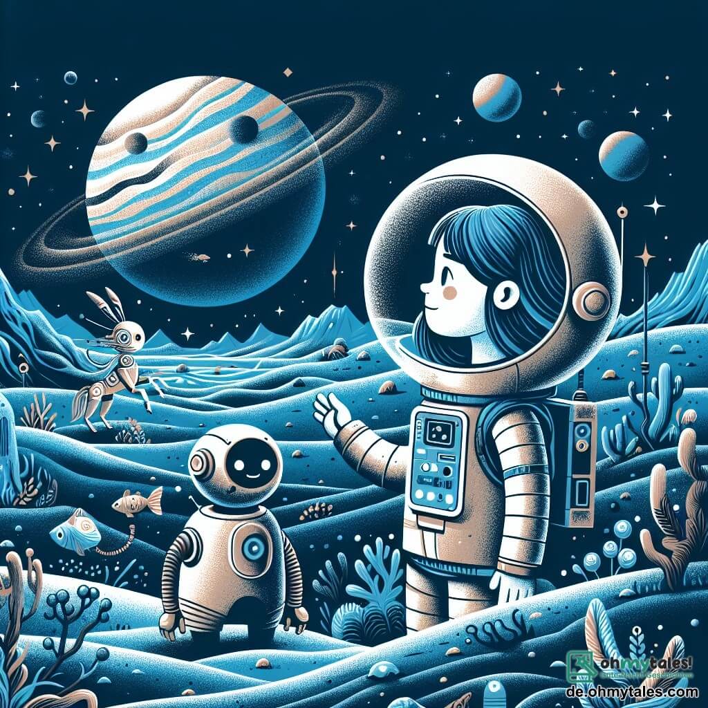 Une illustration destinée aux enfants représentant une jeune femme astronaute, accompagnée de son fidèle robot assistant, explorant un planète recouverte d'immenses océans bleus et de mystérieuses créatures marines, dans une galaxie lointaine.