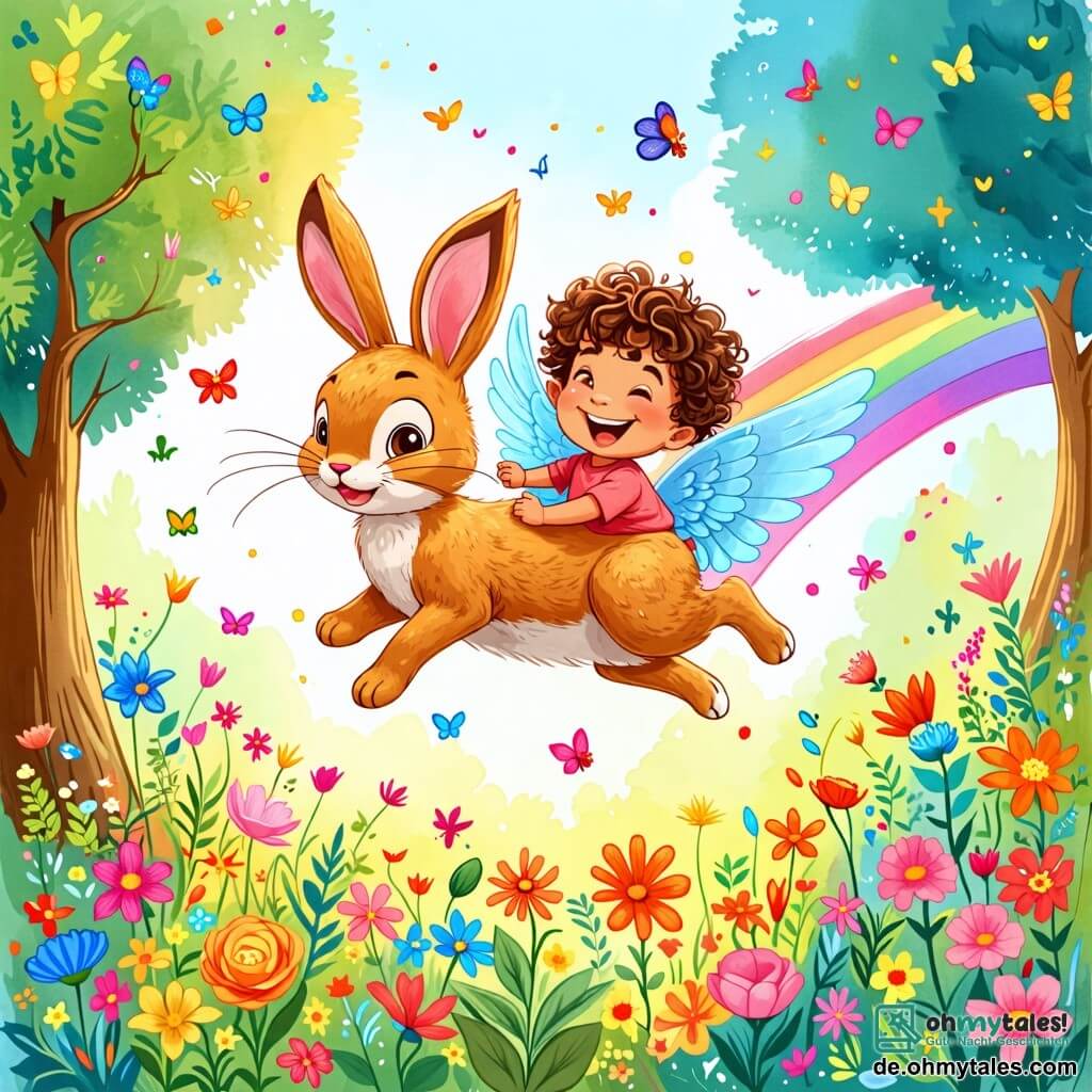 Une illustration sous forme de dessin destinée aux enfants représentant un jardin coloré rempli de fleurs vibrantes et d'arbres aux feuilles scintillantes, avec un garçon de 2 ans aux cheveux bouclés et aux yeux pétillants, riant joyeusement sur le dos d'un grand lapin aux oreilles longues et aux ailes brillantes, alors qu'ils sautent ensemble sur un arc-en-ciel lumineux, entourés de fleurs qui semblent les saluer, capturant l'esprit d'aventure et de magie de leur journée fantastique.