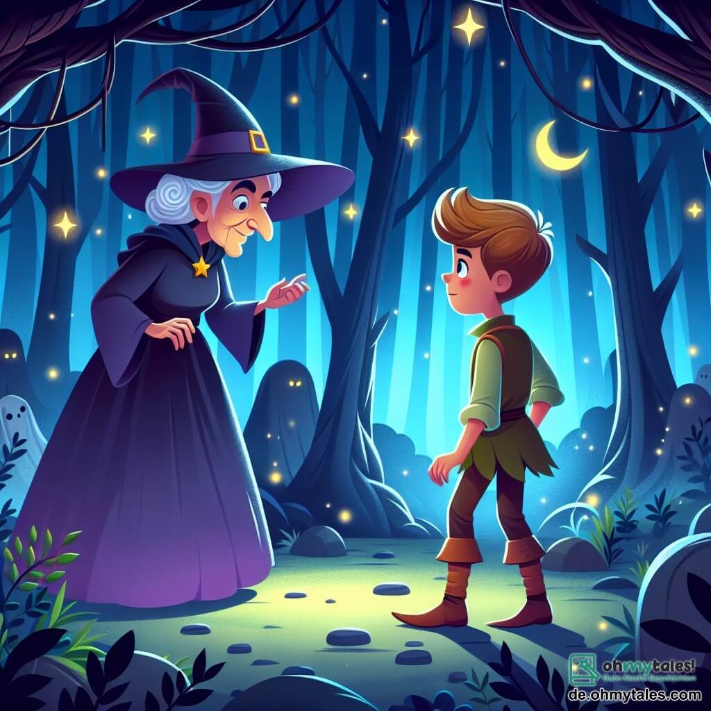 Une illustration destinée aux enfants représentant un jeune homme courageux se tenant devant une vieille femme sorcière dans une clairière enchantée du sombre et mystérieux Schwarzwald, où des ombres dansantes et des lumières magiques se mêlent.
