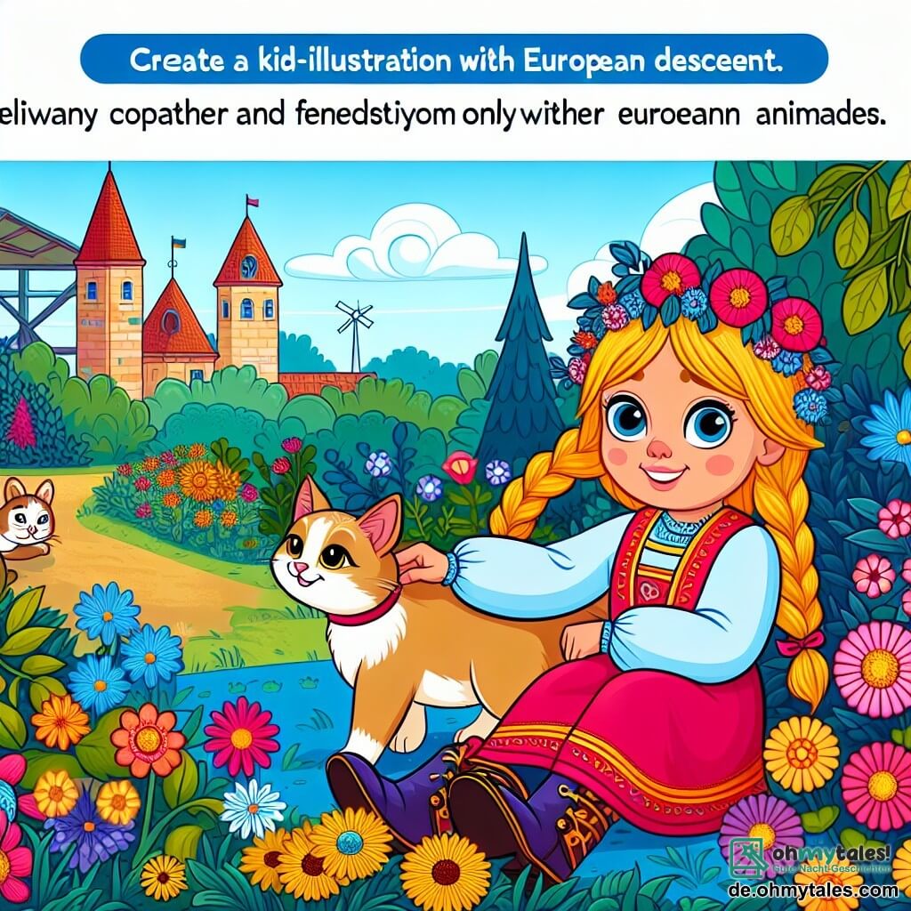 Une illustration destinée aux enfants représentant une fille vivant une aventure avec son chat dans un jardin fleuri aux couleurs vives, symbolisant l'amitié et l'entraide, ponctuée par la présence d'autres animaux curieux et bienveillants.