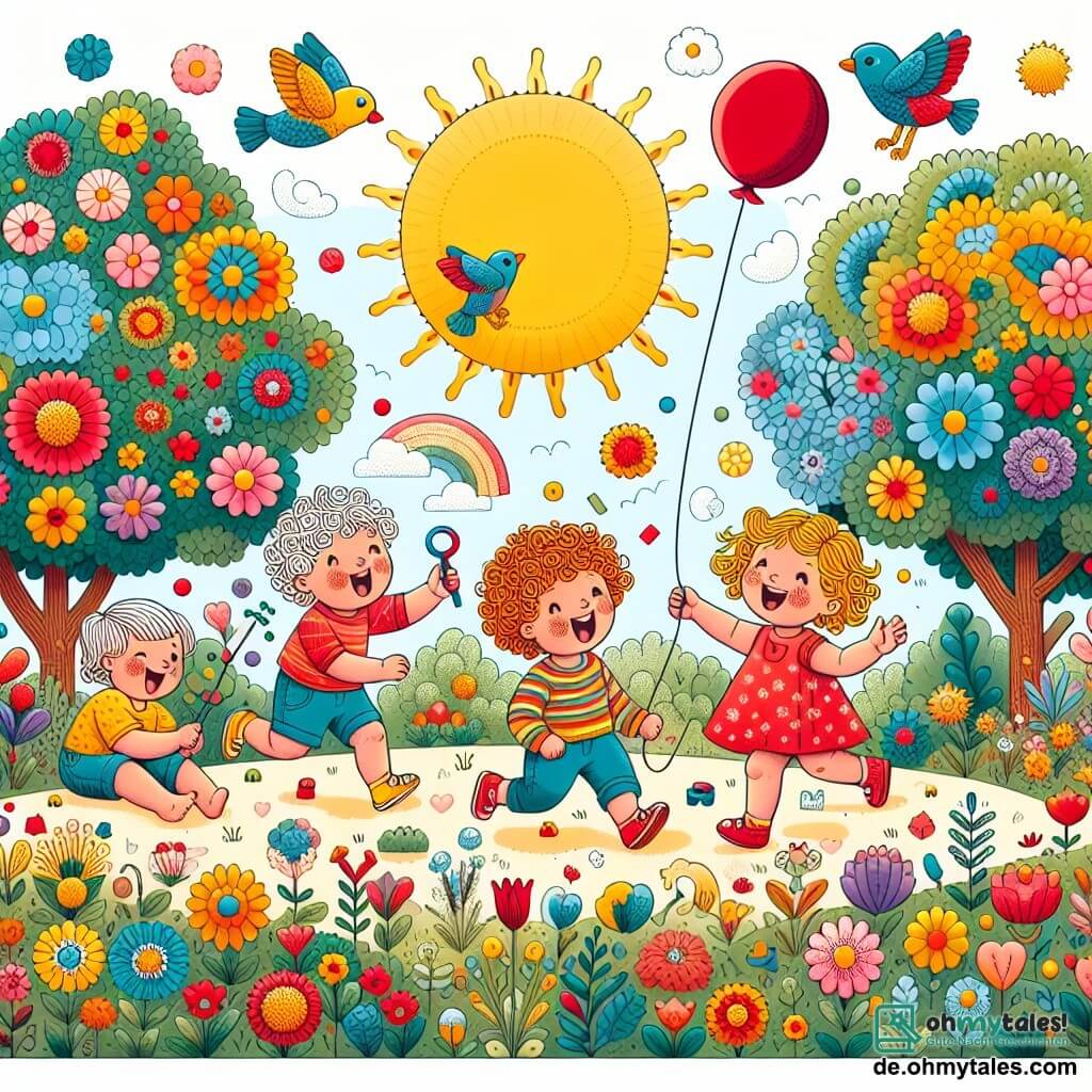 Une illustration sous forme de dessin destinée aux enfants représentant un parc ensoleillé avec des arbres colorés et des fleurs éclatantes, où un groupe de quatre enfants de 1 an, deux garçons aux cheveux bouclés et deux filles aux cheveux lisses, s'amusent à chercher un ballon rouge perdu, tandis qu'un petit oiseau aux plumes vives les observe curieusement depuis une branche, créant une ambiance joyeuse et aventureuse.