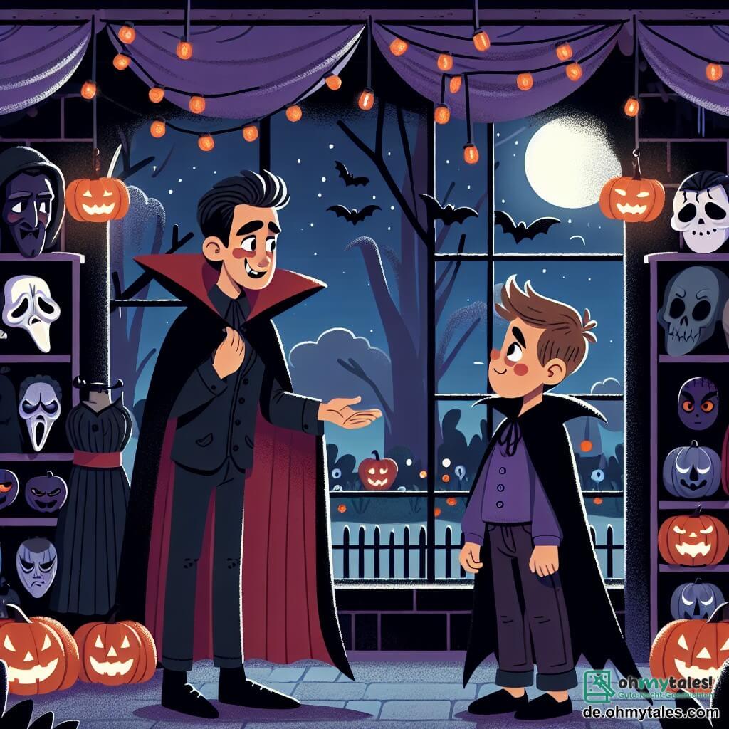 Une illustration destinée aux enfants représentant un garçon déguisé en vampire, rencontrant un mystérieux Kostümladenbesitzer, dans un magasin rempli de masques effrayants et de capes sombres, lors d'une fête d'Halloween animée dans un parc illuminé par des lanternes citrouilles.