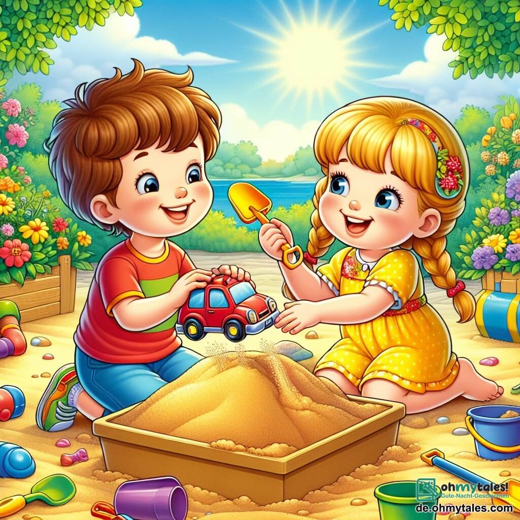 Illustration eines fröhlichen, sonnigen Nachmittags in einem Park. Der Boden ist mit goldenem Sand bedeckt, und in der Mitte befindet sich eine große Sandkiste, umgeben von üppigem Grün und bunten Blumen. Zwei Kinder spielen: ein etwa 5-jähriger Junge mit zerzausten braunen Haaren und einem roten T-Shirt, der ein kleines rotes Fahrzeug in den Händen hält. Neben ihm steht ein etwa 4-jähriges Mädchen mit geflochtenen blonden Haaren und einem gelben Kleid, das lächelt und eine große gelbe Schaufel hält. Sie bauen eine wunderschöne Sandburg, doch der kleine Junge wirkt etwas traurig, weil sein Auto gefallen ist. Das Mädchen reicht ihm mit einem großen Lächeln die Hand, bereit ihm zu helfen. Um sie herum sind bunte Spielzeuge wie Eimer und andere Schaufeln im Sand verstreut, und der Himmel ist strahlend blau mit einigen weißen Wolken. Die Atmosphäre ist fröhlich und freundlich und veranschaulicht perfekt das Thema Freundschaft.