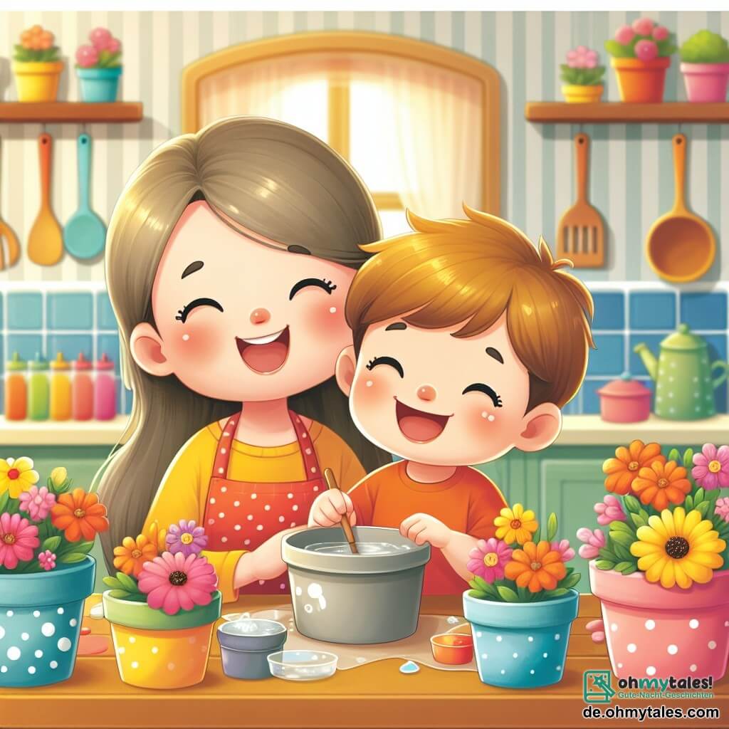Une illustration destinée aux enfants représentant un petit garçon joyeux préparant une surprise pour sa maman avec l'aide de sa maman, dans une cuisine lumineuse et chaleureuse remplie de pots de fleurs colorés et d'ustensiles de cuisine étincelants.