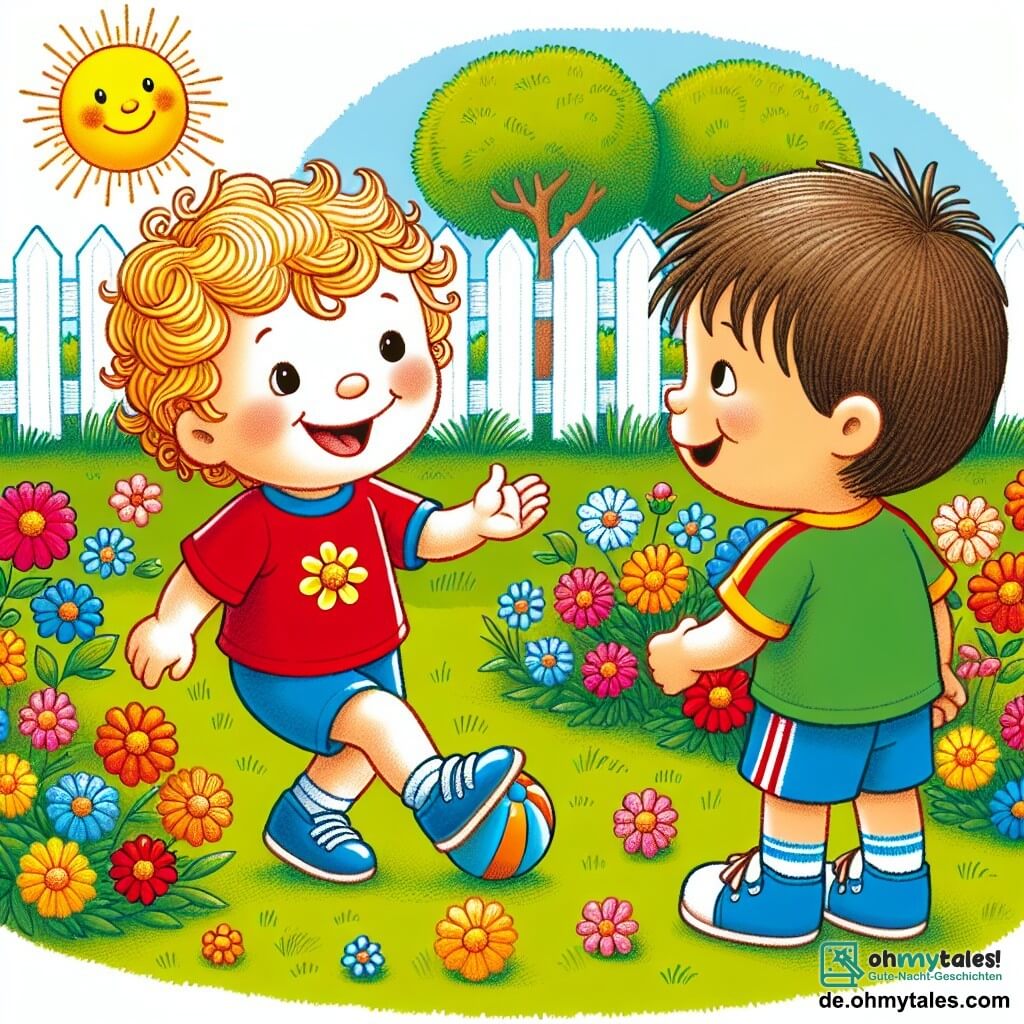Une illustration sous forme de dessin destinée aux enfants représentant un jardin ensoleillé avec des fleurs colorées, où un garçon de 3 ans aux cheveux blonds et bouclés, vêtu d'un t-shirt rouge et de shorts bleus, joue joyeusement avec un ballon, tandis qu'un autre garçon un peu plus âgé, aux cheveux bruns et souriant, s'approche pour demander s'il peut jouer avec lui, illustrant ainsi le début d'une belle amitié.