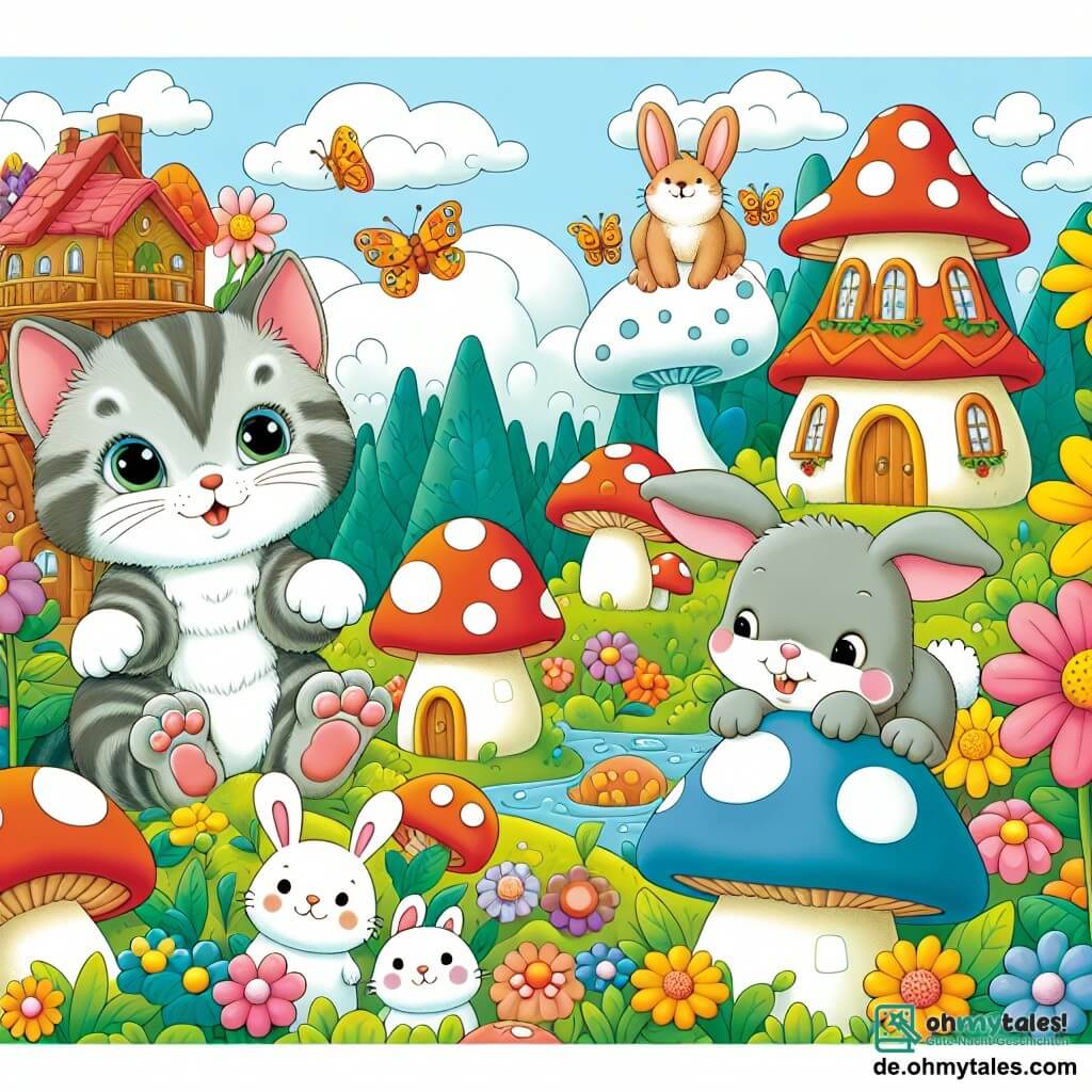 Une illustration destinée aux enfants représentant un chaton malicieux, un petit lapin curieux, dans un village coloré entouré de maisons en forme de champignons et de fleurs géantes.