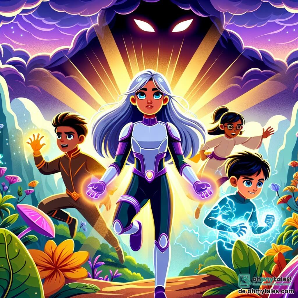 Une illustration sous forme de dessin destinée aux enfants représentant un paysage fantastique d'Eldoria, avec des plantes colorées et un ciel violet, où une jeune femme aux longs cheveux argentés et aux yeux bleus éclatants, vêtue d'un costume de super-héroïne futuriste, se tient courageusement devant un groupe de jeunes héros : un garçon aux cheveux dorés qui émet des rayons de lumière, une fille aux cheveux bruns qui devient invisible, et un garçon aux cheveux noirs qui communique avec des animaux, tous unis pour affronter un grand ombre menaçante qui plane au-dessus d'eux, symbolisant leur lutte contre le mal et leur détermination à protéger leur monde.