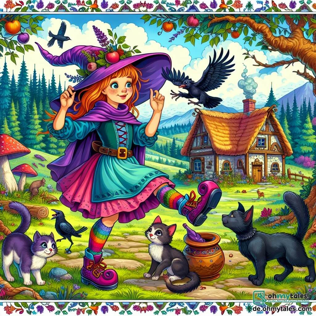 Une illustration destinée aux enfants représentant une jeune apprentie sorcière, vêtue d'un grand chapeau pointu et de bottes multicolores, essayant maladroitement de maîtriser un sortilège, avec son fidèle chat noir à rayures pourpre et un vieux corbeau sage, dans un pittoresque chalet en lisière d'un vaste et enchanté bois peuplé d'animaux parlants et d'arbres dansants.