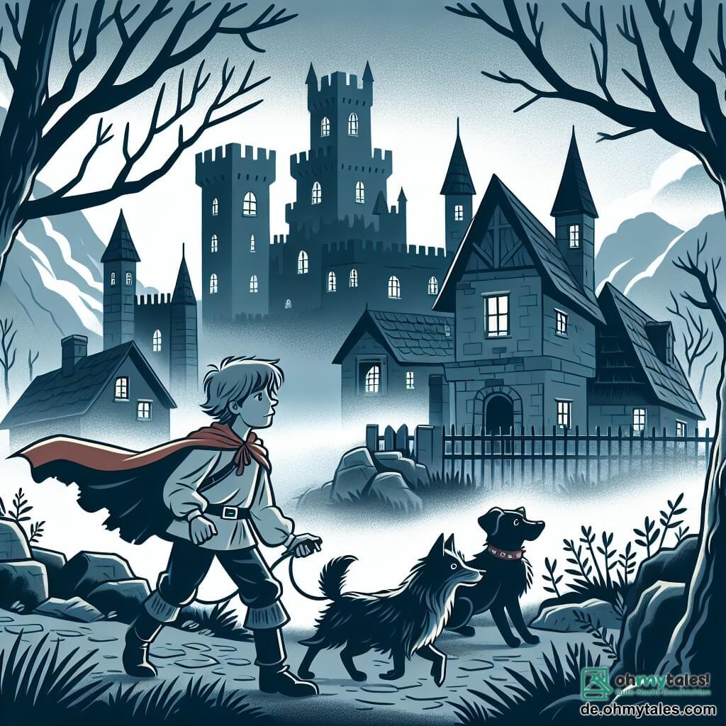 Une illustration destinée aux enfants représentant un garçon intrépide explorant un château lugubre, accompagné de son fidèle chien, dans un village entouré de brume et de mystère.