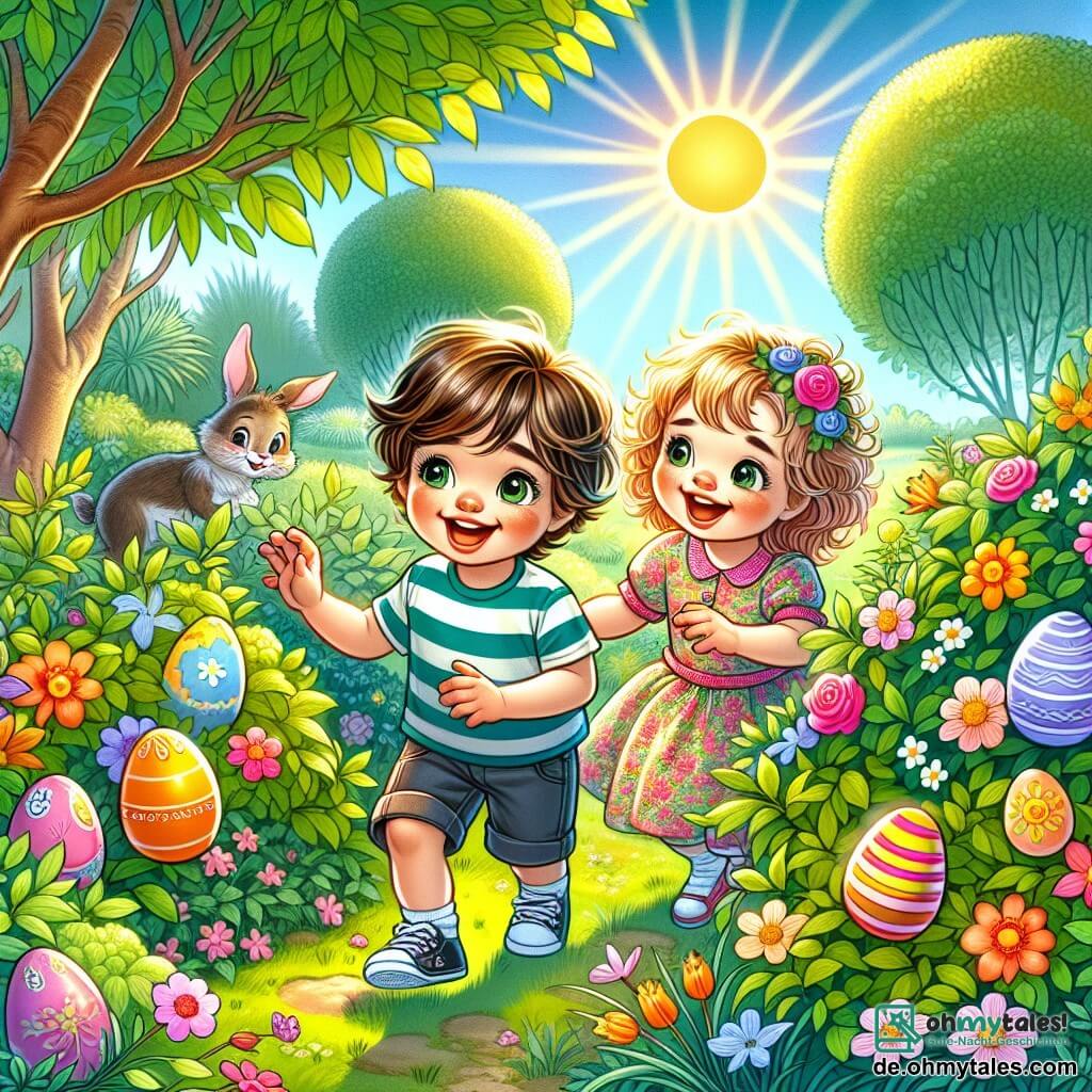 Une illustration sous forme de dessin destinée aux enfants représentant un jardin ensoleillé rempli de fleurs colorées et d'arbres verdoyants, où un garçon de 5 ans aux cheveux bruns et aux yeux pétillants, vêtu d'un t-shirt rayé et de shorts, est en train de chercher des œufs de Pâques cachés derrière des buissons, tandis qu'à ses côtés, une petite fille aux cheveux blonds bouclés et une frimousse joyeuse, portant une robe à fleurs, l'encourage en pointant vers un coin du jardin, le tout dans une atmosphère magique et joyeuse, avec des œufs décorés et un petit lapin curieux observant la scène.