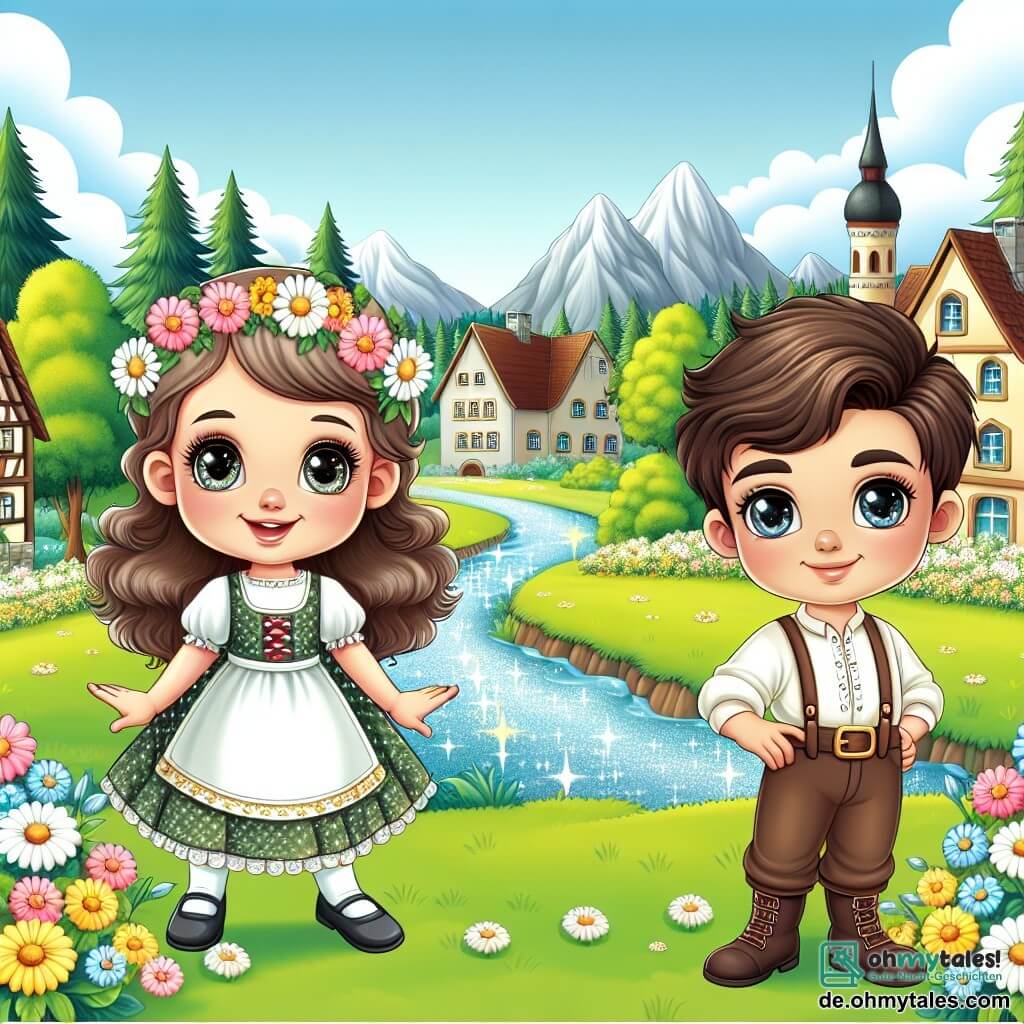 Une illustration destinée aux enfants représentant une jeune fille aux yeux pétillants se tenant sur une magnifique clairière fleurie, accompagnée d'un garçon aux cheveux sombres, tous deux entourés d'arbres majestueux et d'un ruisseau scintillant, dans la charmante petite ville de Grünwald.