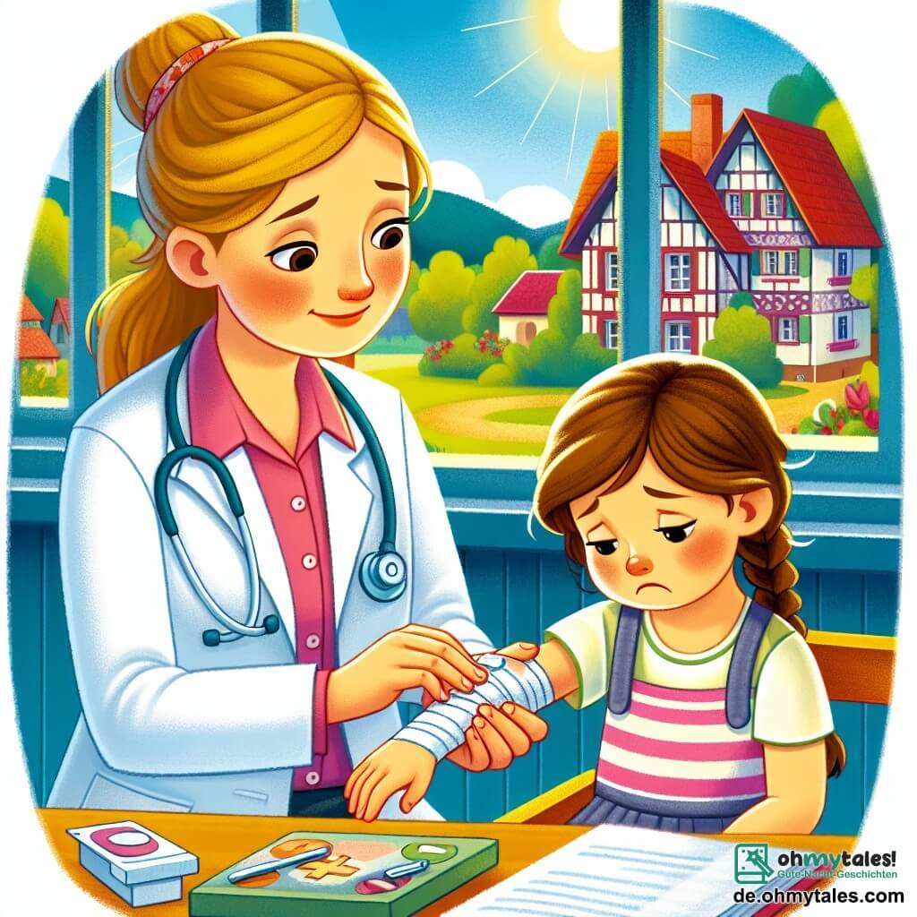 Une illustration destinée aux enfants représentant une jeune femme médecin, aimante et attentionnée, aidant une petite fille triste avec un bandage sur son bras cassé, dans sa charmante clinique colorée de la petite ville ensoleillée de Sonnenfeld.