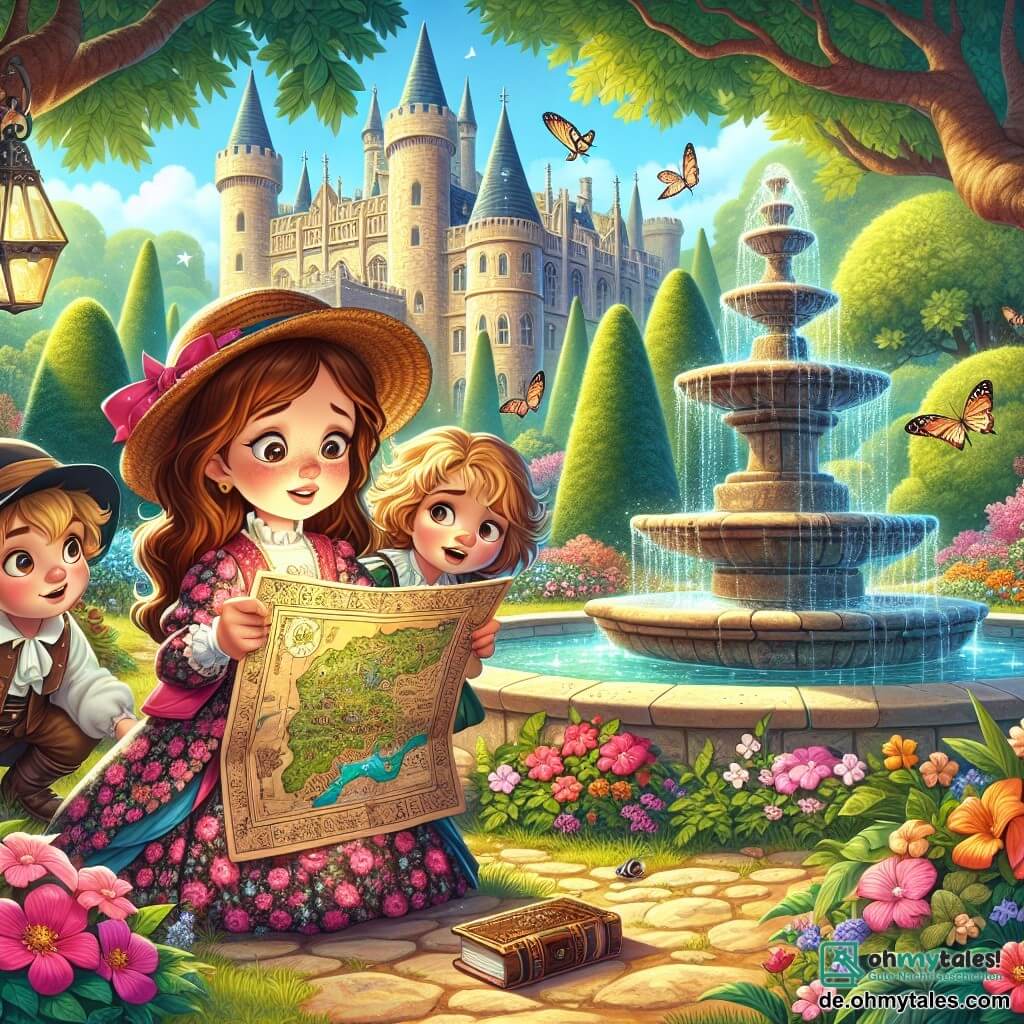 Illustration eines wunderschönen mittelalterlichen Gartens, gefüllt mit bunten Blumen und großen Bäumen mit üppigem Laub. In der Mitte funkelt ein großer Steinbrunnen in der Sonne, umgeben von schwirrenden Schmetterlingen. Ein 7-jähriges Mädchen mit langen braunen Haaren und funkelnden, neugierigen Augen trägt ein Blumenkleid und einen kleinen Strohhut. Sie hockt und untersucht eine alte Karte mit entschlossenem Blick. Neben ihr stehen zwei Kinder, ein etwa 8-jähriger Junge mit zerzausten blonden Haaren und ein 6-jähriges Mädchen mit lockigem Haar, beide in historischen Kleidern, die die Karte mit Staunen betrachten. Die Hauptszene zeigt das Mädchen und ihre Freunde auf der Suche nach einem verlorenen Schlüssel, mit Aufregung und Geheimnis in ihren Gesichtern. Im Hintergrund erhebt sich ein majestätisches Schloss und verleiht der Illustration einen Hauch von Magie, während ein klarer, sonniger blauer Himmel diese Abenteuer-Szene ergänzt.
