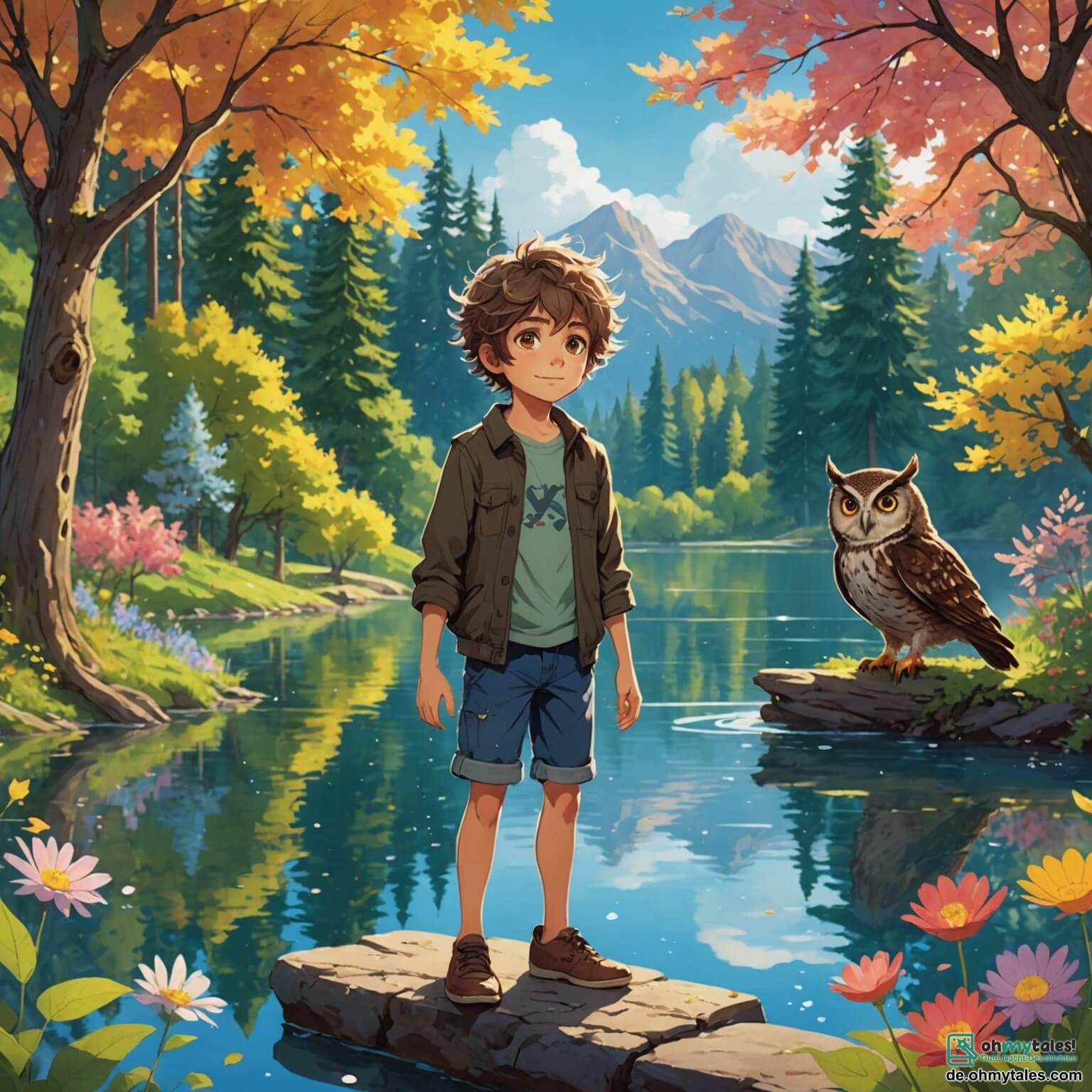 Une illustration destinée aux enfants représentant un petit garçon aux yeux pétillants et aux cheveux en désordre, se tenant au bord d'un lac scintillant, entouré de fleurs colorées et de grands arbres aux feuilles dansantes, tandis qu'un sage hibou, perché sur une branche, l'observe avec bienveillance, alors qu'il se demande comment réaliser ses rêves les plus fous dans ce monde enchanteur.