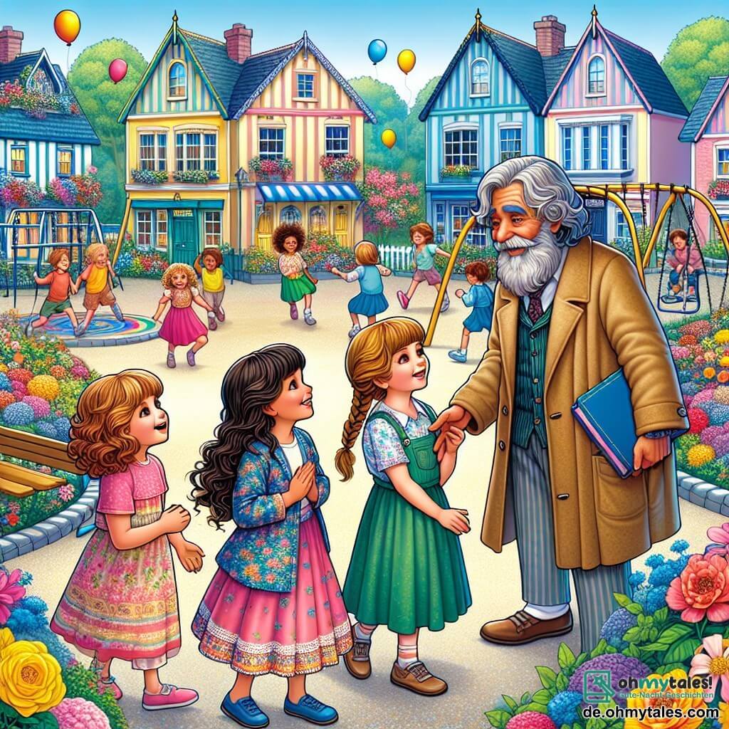 Illustration eines charmanten kleinen, bunten Dorfes mit lebhaften blauen, gelben und rosa Häusern, umgeben von strahlenden Blumen und einem sonnigen Himmel. Im Zentrum befindet sich ein großer Spielplatz mit Schaukeln und Rutschen, wo Kinder fröhlich lachen und spielen. In dieser Szene stehen vier kleine Mädchen, etwa acht Jahre alt, zusammen. Das erste Mädchen, mit braunen, lockigen Haaren, trägt ein rosa Kleid und hat ein breites Lächeln, sie spricht begeistert. Das zweite Mädchen, mit glatten blonden Haaren, trägt ein blaues T-Shirt und Shorts und schaut neugierig zu dem alten Mann. Das dritte Mädchen, mit kastanienbraunen, geflochtenen Haaren, trägt einen grünen Rock und hält ein kleines Notizbuch, bereit, Notizen zu machen. Das letzte Mädchen, mit schwarzen, lockigen Haaren, trägt eine Bluse mit Blumen und denkt ernsthaft nach. Der alte Mann, der auf einer Bank sitzt, hat graue Haare und einen gepflegten Bart. Er trägt einen alten Mantel und einen Hut, und sein Gesicht ist von Traurigkeit gezeichnet, doch er lächelt sanft, während er den Mädchen zuhört. Die Hauptsituation zeigt die Mädchen, die sich dem alten Mann nähern, um mit ihm zu sprechen, mit Mitgefühl und Empathie in ihren Gesichtern. Im Hintergrund spielen andere Kinder, während bunte Ballons in der Luft schweben, was Hoffnung und Freude symbolisiert. Neben den Mädchen sind Körbe mit Lebensmitteln und Spielzeug sichtbar, die ihre Absicht zeigen, zu helfen und zu teilen.