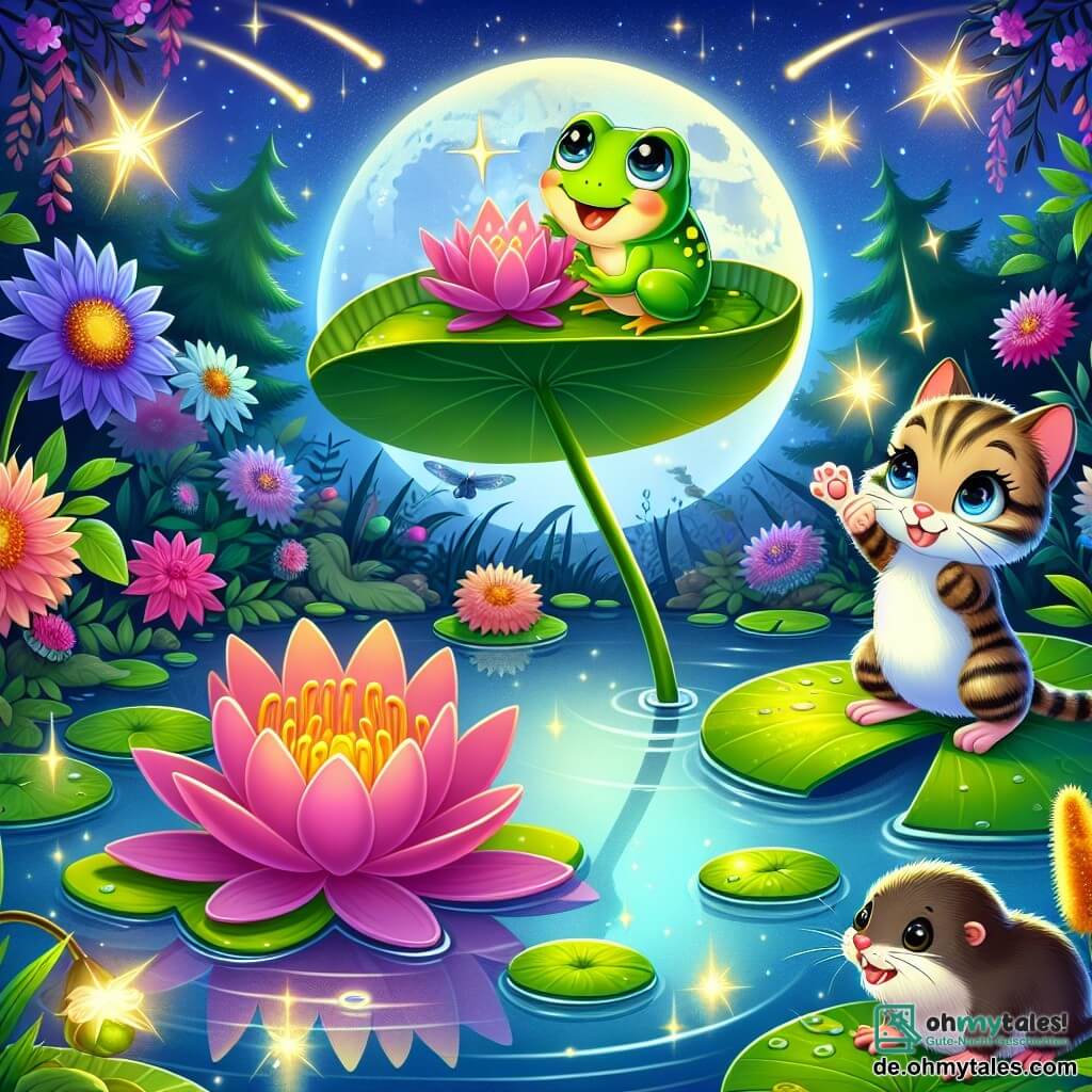 Illustration eines wunderschönen Teichs, umgeben von großen Seerosenblättern und bunten Blumen, in dem das Mondlicht sich auf dem ruhigen Wasser spiegelt. In der Mitte sitzt ein kleiner Frosch mit funkelnden Augen und leuchtend grüner Haut, der gelbe Flecken hat, auf einem großen Seerosenblatt, hebt die Arme in die Luft und lächelt breit, als ob er einen Meteor fangen wollte. In der Nähe gräbt ein junger Maulwurf mit braunem Fell und kleinen Pfoten, neugierig in den Himmel schauend, den Boden, während ein gestreiftes Kätzchen mit schelmischen Augen auf seinen Hinterbeinen steht, bereit zu springen. Die Szene strahlt eine Atmosphäre von Magie und Abenteuer aus, mit funkelnden Sternen am Nachthimmel und einer großen leuchtenden Seerose, die bereit ist, die Sterne zu fangen. Glühwürmchen tanzen darum und verleihen dieser Nacht voller Versprechungen einen märchenhaften Touch.