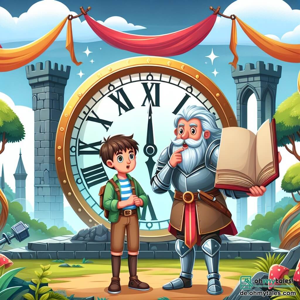 Une illustration destinée aux enfants représentant un garçon curieux se tenant devant une mystérieuse horloge ancienne, accompagné de son oncle aventurier vêtu d'une armure brillante, dans une vaste arène médiévale entourée de grands arbres luxuriants et de bannières colorées flottant dans le vent.