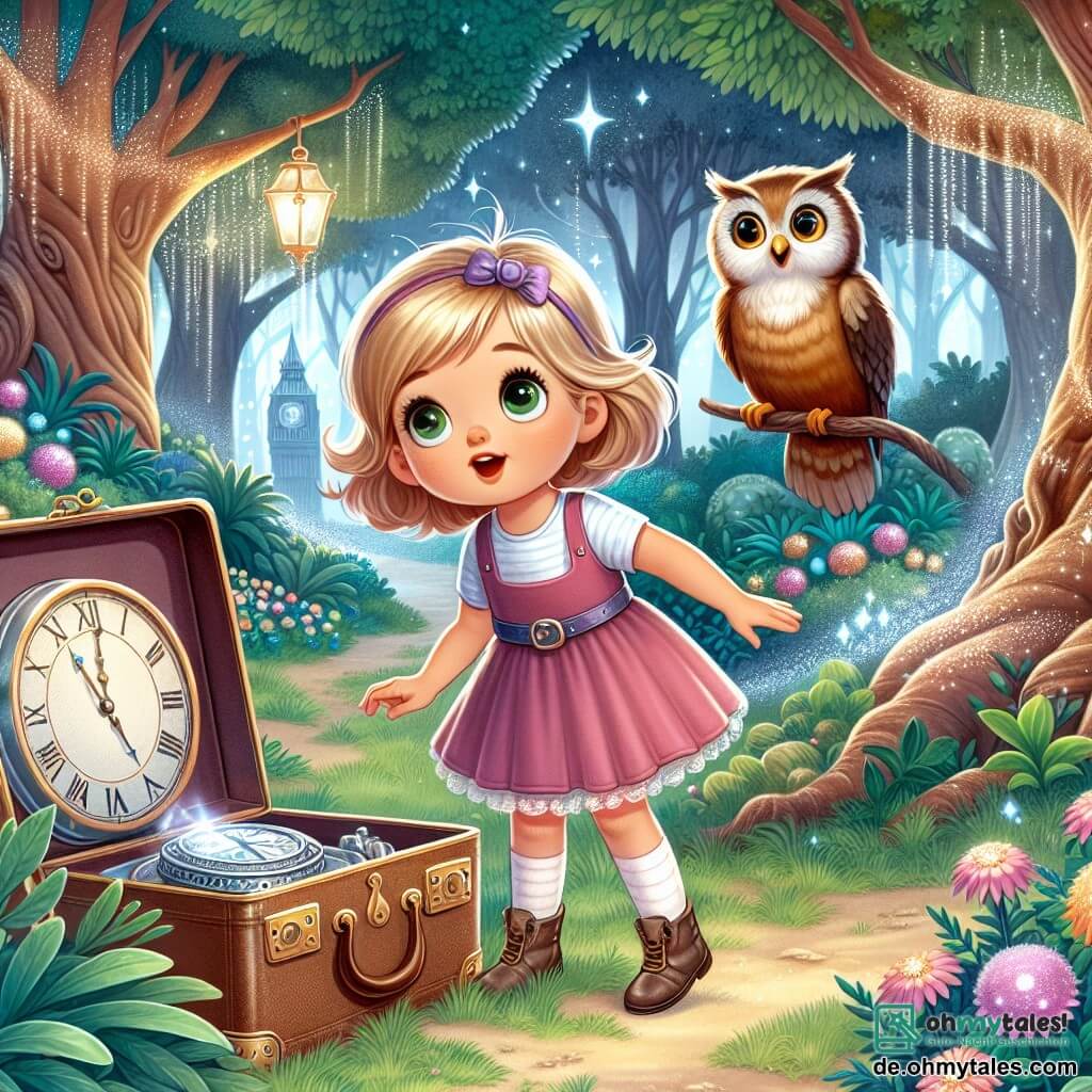 Une illustration destinée aux enfants représentant une jeune fille curieuse découvrant un mystérieux koffer qui l'emmène dans un voyage à travers le temps, accompagnée d'une gentille chouette parlante, dans une forêt enchantée aux arbres majestueux et aux fleurs scintillantes.