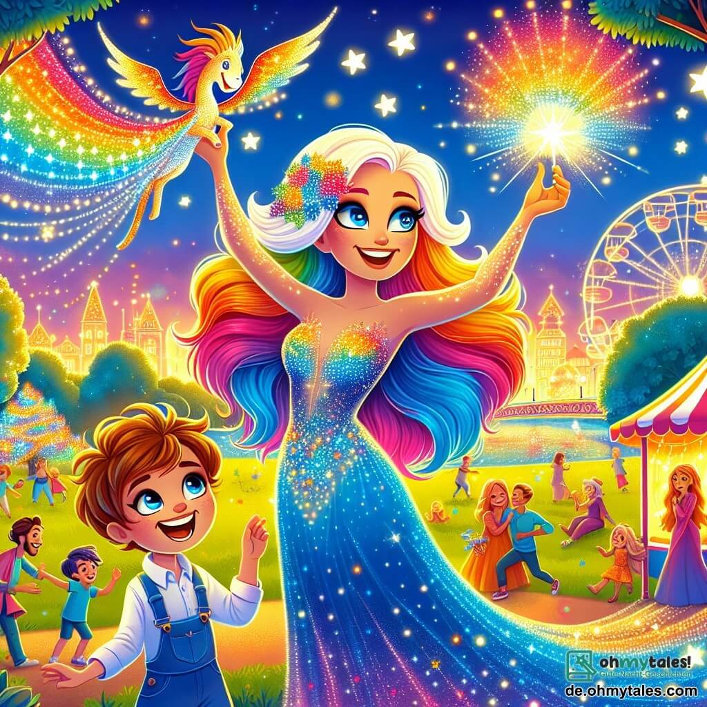 Eine Illustration zeigt eine lebendige Szene in einem Park in Glitzerville, wo bunte Blätter an den Bäumen unter einem hellblauen Himmel funkeln. In der Mitte tanzt eine Frau mit langen, regenbogenfarbenen Haaren in einem leuchtenden Kleid, das mit funkelnden Sternen verziert ist, fröhlich mit einem strahlenden Lächeln. Neben ihr steht ein etwa 8-jähriger Junge mit zerzausten braunen Haaren und funkelnden Augen, der einen Papierdrachen hält, der in den Himmel steigt, fasziniert von der Magie des Moments. Im Hintergrund lachen und spielen Familien und Kinder, während bunte Lichter in der Luft schweben und eine festliche, warme Atmosphäre schaffen. Lichtblitze umgeben die Frau und symbolisieren ihre Fähigkeit, Menschen glücklich zu machen und ihren Tag zu erhellen.