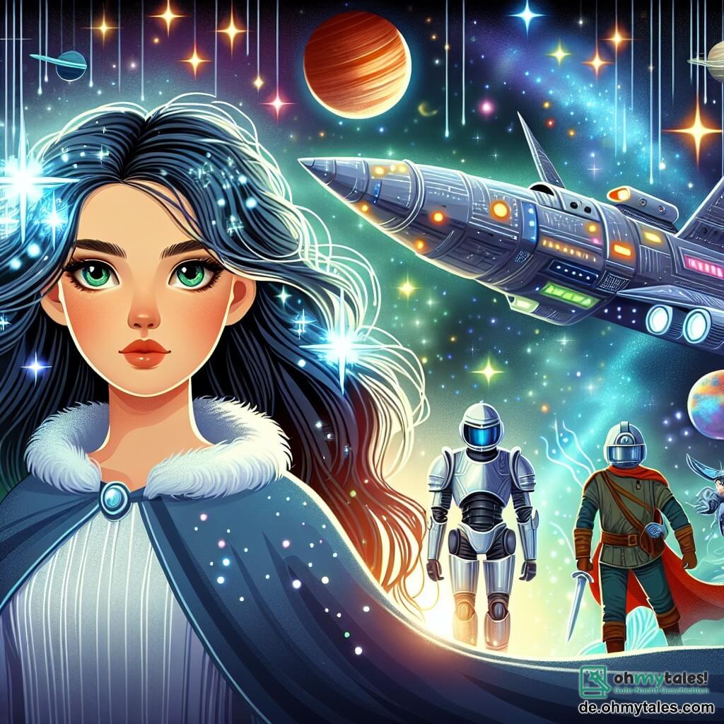 Une illustration destinée aux enfants représentant une jeune femme aux cheveux noirs comme la nuit et aux yeux verts étincelants, se tenant aux côtés d'un robot volant et d'une guerrière courageuse, devant un majestueux vaisseau spatial scintillant de mille feux, surplombant un univers infini de planètes colorées et d'étoiles brillantes, dans une atmosphère empreinte de mystère et de magie.