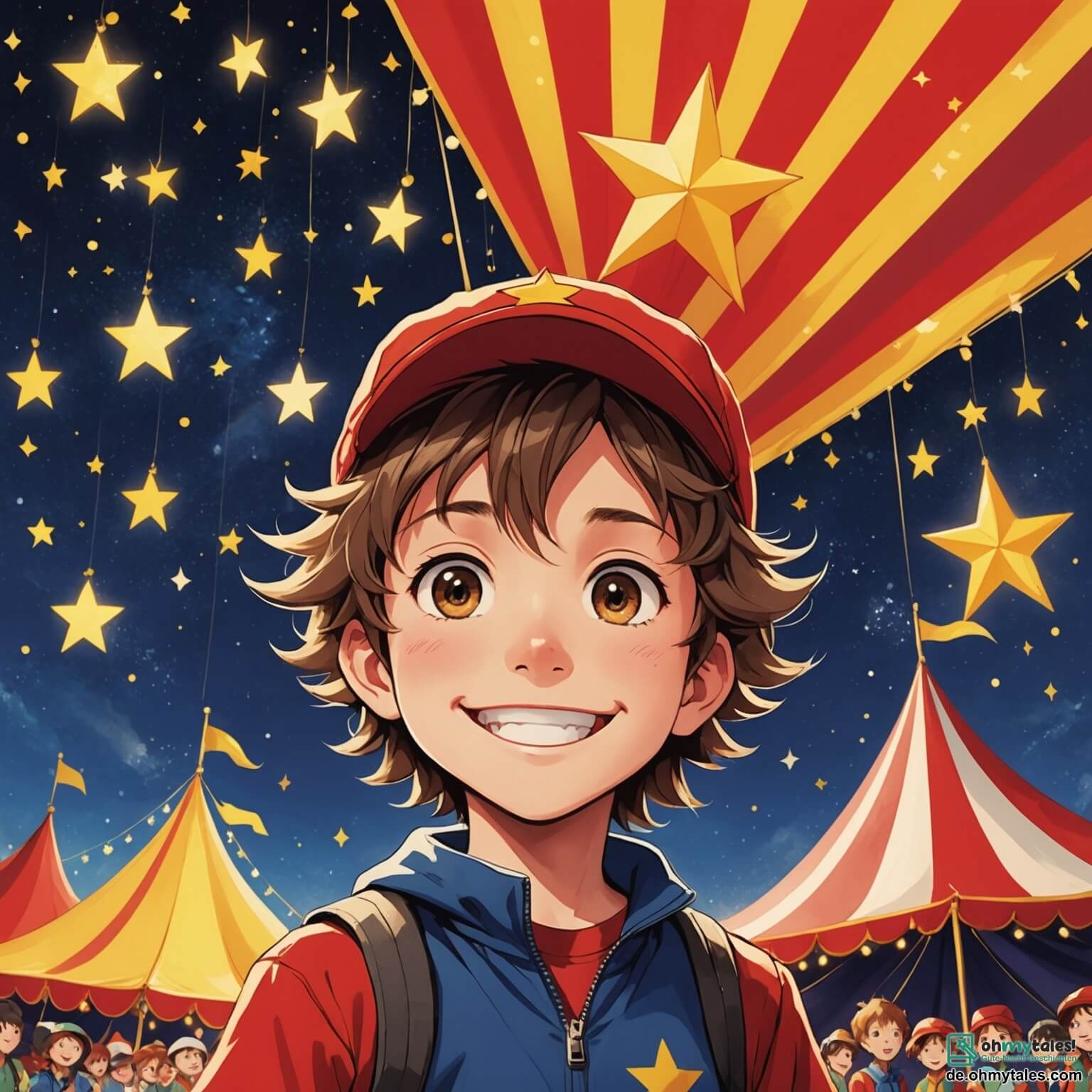 Une illustration destinée aux enfants représentant un jeune garçon aux cheveux ébouriffés et au sourire éclatant, vêtu d'une casquette colorée ornée d'un grand étoile rouge, se tenant émerveillé devant le grand chapiteau du cirque, dont les voiles rayées de rouge et de jaune flottent dans le vent, tandis que des lumières scintillantes illuminent la nuit étoilée, entouré de personnages secondaires tels qu'une gracieuse acrobate aux longs cheveux dorés, vêtue d'un costume étincelant, et un clown jovial au visage peint de couleurs vives, qui fait rire les enfants avec ses pitreries, tous réunis dans cette atmosphère magique et festive où l'odeur sucrée de la barbe à papa et le son joyeux des rires résonnent dans l'air.