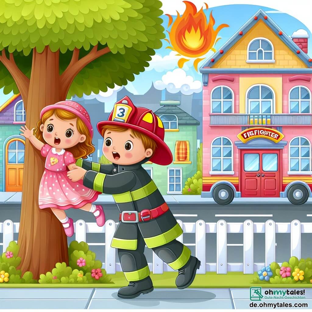 Une illustration destinée aux enfants représentant un courageux pompier, un garçon, en train de sauver une petite fille, vêtue d'une robe rose, d'un arbre dans une rue bordée de maisons colorées et d'une éclatante caserne de pompiers.