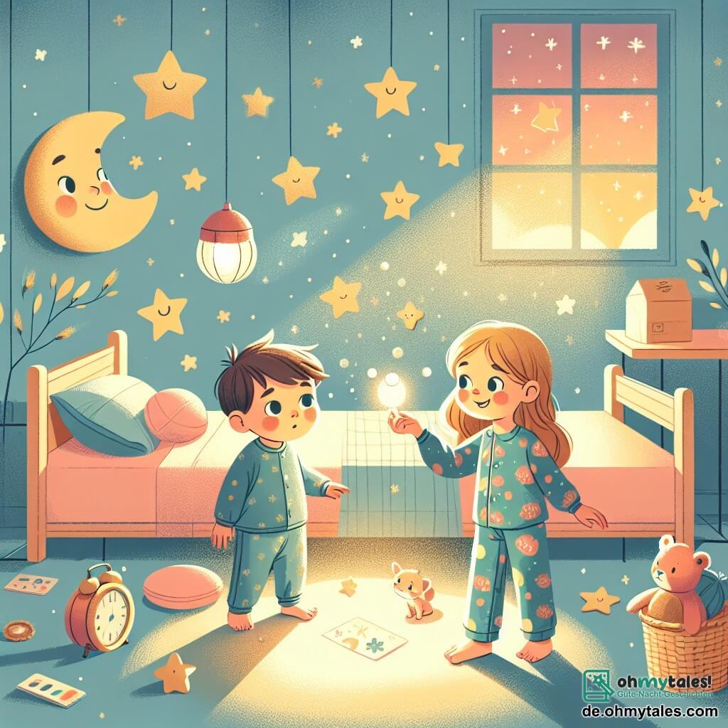 Eine Illustration zeigt ein warmes und einladendes Zimmer mit pastellblauen Wänden und goldenen Sternen an der Decke. In der Mitte des Raumes steht ein drei Jahre alter Junge mit kastanienbraunen Haaren und funkelnden Augen, der fasziniert auf ein sanftes Licht blickt, das von einer kleinen Mond-Nachtlampe ausgeht. Neben ihm steht ein sechsjähriges Mädchen mit langen blonden Haaren in einem bunten Schlafanzug, das lächelt und eine kleine Taschenlampe hält, die lustige Schatten an die Wand wirft. In dieser Szene wirkt der Junge neugierig und etwas zögerlich, während das Mädchen ihm selbstbewusst zeigt, wie man mit Licht Schatten erzeugt. Spielzeuge liegen verstreut auf dem Boden, und ein gemütliches Bett mit weichen Decken verleiht der Atmosphäre Komfort. Die Sterne leuchten sanft durch das Fenster und tauchen den Raum in ein beruhigendes Licht, das symbolisiert, dass die Nacht magisch und voller Entdeckungen sein kann.