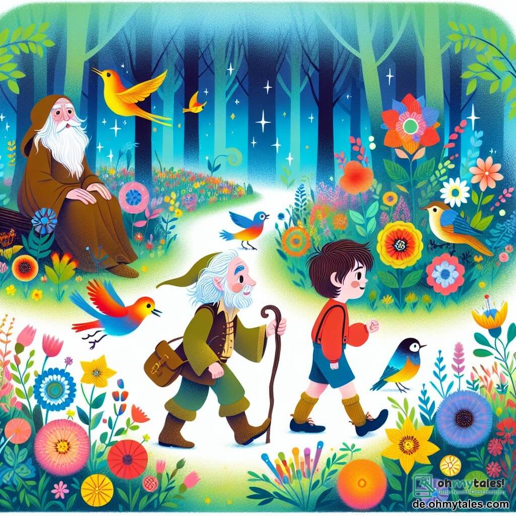 Une illustration destinée aux enfants représentant un jeune garçon curieux, accompagné d'un sage Wanderer, explorant un magnifique jardin de rêves aux couleurs vives, rempli de fleurs et d'oiseaux chantants, situé au cœur d'un mystérieux et dense bois.