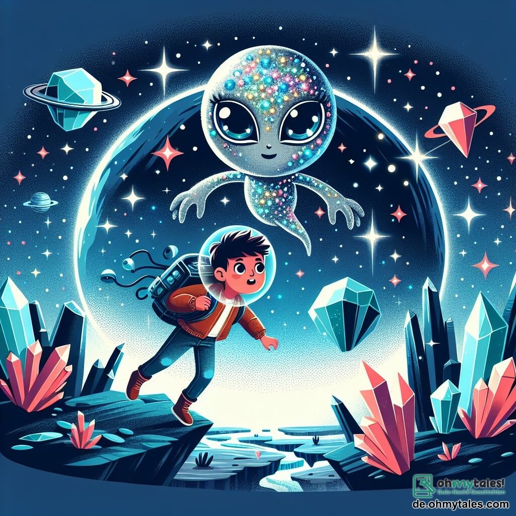 Une illustration destinée aux enfants représentant un jeune garçon intrépide plongé dans une aventure spatiale aux côtés d'un extraterrestre aux yeux scintillants, sur un magnifique planète aux cristaux lumineux et îles flottantes dans un ciel étoilé.
