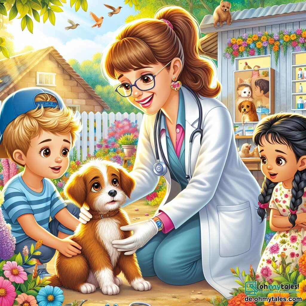 Illustration einer lebhaften Szene in einer kleinen Tierarztpraxis, umgeben von einem bunten Garten, wo mehrfarbige Blumen und Laubbäume eine warme und einladende Atmosphäre schaffen. Im Mittelpunkt steht eine Tierärztin mit sanftem Lächeln, braunen, zu einem Pferdeschwanz gebundenen Haaren, die einen weißen Kittel und Latexhandschuhe trägt. Sie kniet und untersucht aufmerksam einen kleinen Hund mit glänzenden Augen und braunem Fell, der etwas nervös, aber offen für ihre freundliche Präsenz wirkt. Neben ihr stehen zwei Kinder, ein etwa 8-jähriger Junge mit zerzausten blonden Haaren und einer blauen Mütze sowie ein 7-jähriges Mädchen mit schwarzen Zöpfen und einem Blumenkleid, die fasziniert mit weit aufgerissenen Augen zusehen und Leckerlis für Tiere halten. Die Hauptsituation zeigt die Tierärztin, die den verletzten Hund behandelt, umgeben von verstreuten medizinischen Werkzeugen, während die Sonne scheint und die Szene mit goldenem, fröhlichem Licht erhellt. Vögel singen in den Bäumen und verleihen dieser liebevollen und empathischen Illustration für Tiere eine lebendige Note.
