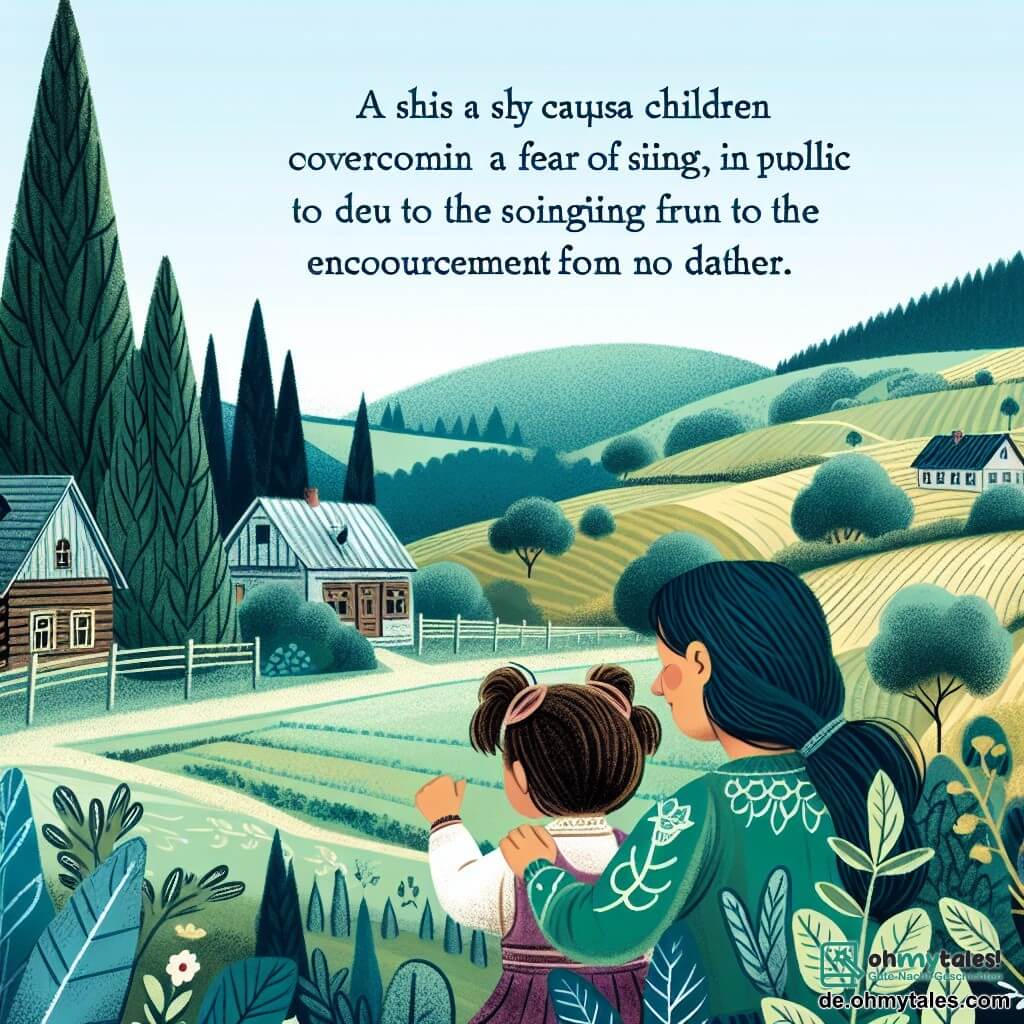 Une illustration destinée aux enfants représentant une fille timide surmontant sa peur de chanter en public avec l'encouragement de sa mère, dans un petit village entouré de collines verdoyantes et d'arbres majestueux.
