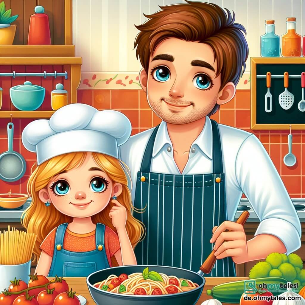 Une illustration destinée aux enfants représentant un chef cuisinier homme, accompagné de sa fille Lena, une petite fille aux yeux pétillants, en train de cuisiner des délicieuses spaghetti avec une sauce tomate dans une cuisine colorée et chaleureuse, remplie d'ustensiles de cuisine et d'ingrédients frais.