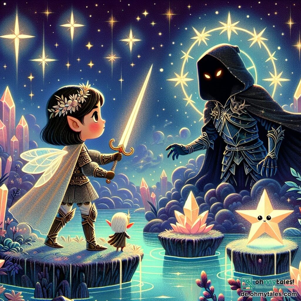 Une illustration destinée aux enfants représentant une jeune femme courageuse, vêtue d'une armure scintillante, affrontant un sinistre seigneur des ténèbres dans un mystérieux marais d'étoiles, accompagnée d'un petit elfe des étoiles aux yeux brillants, sur une île flottante parmi des cristaux lumineux.