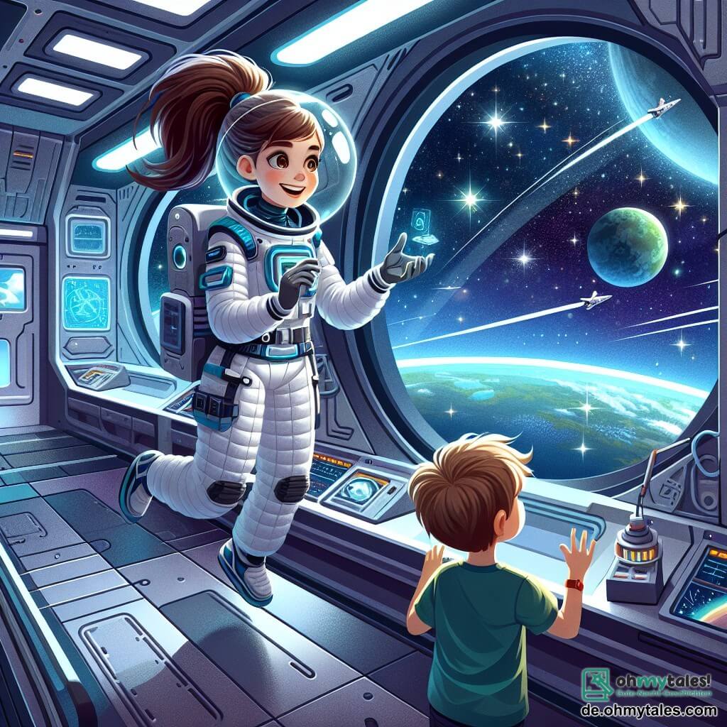 Illustration einer Szene innerhalb einer futuristischen Raumstation mit silbernen Wänden und Panoramafenstern, die auf einen sternenklaren Himmel blicken. Helle Sterne funkeln in der Dunkelheit des Weltraums, während ein großer blauer und grüner Planet in der Ferne sichtbar ist. Die Hauptfigur ist eine Astronautin in einem eleganten, voluminösen weißen Raumanzug mit blauen Akzenten. Sie hat braune Haare zu einem Pferdeschwanz gebunden und ein lächelndes, staunendes Gesicht. Sie schwebt leicht in der Luft und hält ein kleines wissenschaftliches Gerät in den Händen, während sie fasziniert durch das Fenster schaut. Neben ihr steht ein etwa 8-jähriger Junge mit zerzausten blonden Haaren und neugierigen Augen, der die Szene beobachtet. Er trägt ein buntes T-Shirt und scheint von dem, was er sieht, begeistert zu sein. Er hebt die Arme, als wolle er die Sterne berühren. Die Hauptsituation zeigt die Astronautin, die dem Kind die Wunder des Weltraums erklärt, während Grafiken und Bilder von Planeten um sie herum schweben und wissenschaftliche Entdeckungen veranschaulichen. Zusätzliche Elemente sind schwebende wissenschaftliche Instrumente und Hologramme von Planeten, die der Szene einen Hauch von Magie und Wissenschaft verleihen.