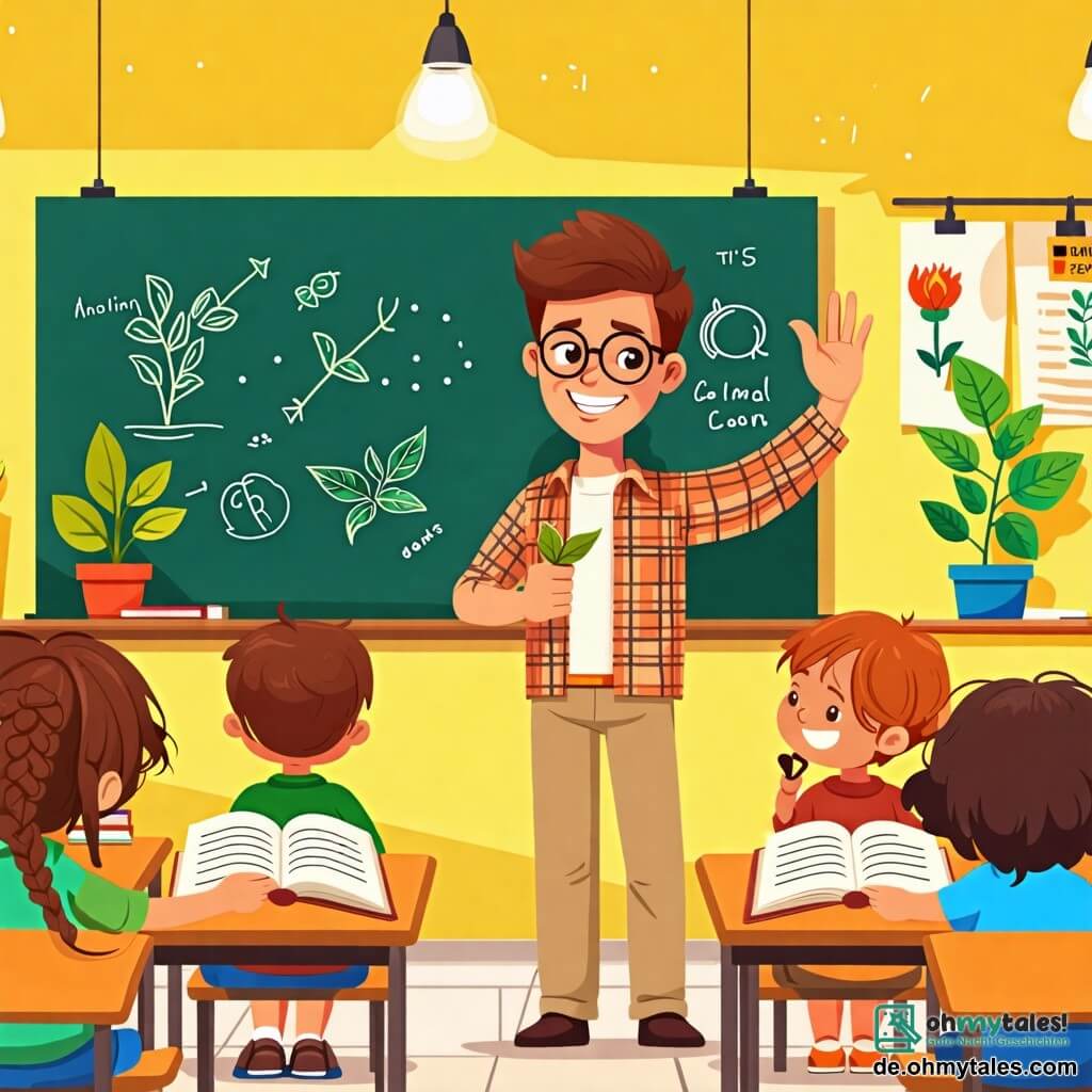 Eine Illustration zeigt ein helles und buntes Klassenzimmer mit gelben Wänden und pädagogischen Plakaten über Pflanzen und Tiere. In der Mitte steht ein lächelnder Mann in den Dreißigern mit zerzausten braunen Haaren und runden Brillen vor einer Tafel. Er trägt ein kariertes Hemd und beige Hosen und hält in einer Hand ein offenes Buch, während er mit der anderen Hand eine Topfpflanze zeigt. Um ihn herum sitzen mehrere etwa 8-jährige Kinder an Holztischen. Ein Junge mit blonden Haaren und einer großen Brille hebt begeistert die Hand, um eine Frage zu stellen. Neben ihm beobachtet ein Mädchen mit geflochtenen braunen Haaren und strahlendem Lächeln aufmerksam die Pflanze. Die Hauptsituation zeigt den Lehrer, der leidenschaftlich die Bedeutung von Pflanzen erklärt, während die Kinder gebannt zuhören und sich auf eine Pflanzaktivität vorbereiten. Bunte Blumentöpfe und Gartengeräte sind auf den Tischen verteilt und verleihen der Illustration Dynamik.