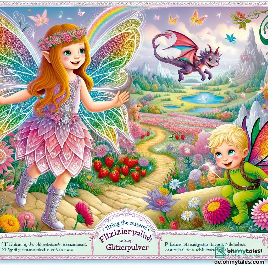 Une illustration destinée aux enfants représentant une jolie fée aux ailes scintillantes, se lançant dans une quête pour retrouver du glitzerpulver disparu, accompagnée d'un amusant petit dragon aux écailles multicolores, dans le magnifique Feenland Flimmeria où les fleurs dansent au rythme de la musique et où l'air embaume toujours les fraises fraîches.