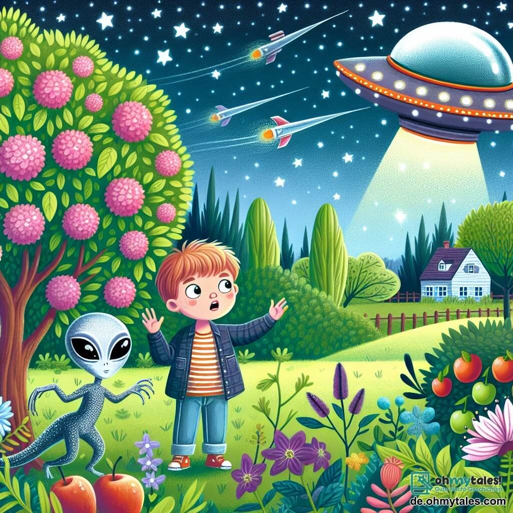 Une illustration destinée aux enfants représentant un garçon curieux découvrant un vaisseau spatial atterrissant dans son jardin, accompagné d'une extraterrestre féminine aux écailles scintillantes, dans un décor de jardins fleuris avec des arbres fruitiers et un ciel étoilé en arrière-plan.