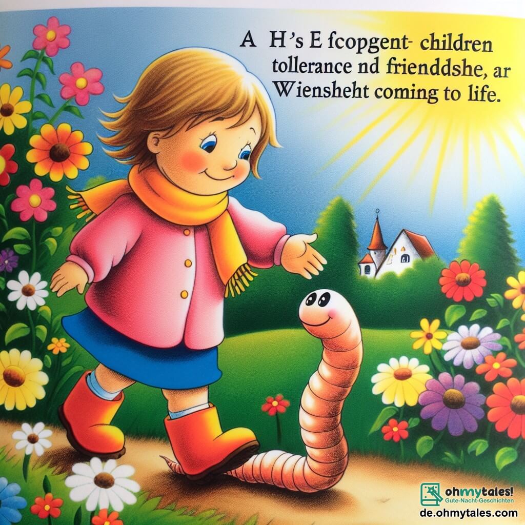Une illustration destinée aux enfants représentant une petite fille curieuse, un regenwurm joyeux, des fleurs colorées et un jardin ensoleillé de Wiesenbrücke, où l'histoire de la tolérance et de l'amitié prend vie.