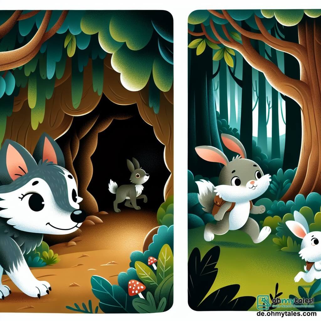 Une illustration destinée aux enfants représentant un petit loup curieux et aventureux, accompagné d'un jeune lapin, explorant une sombre et mystérieuse grotte au cœur d'une forêt dense et verdoyante.