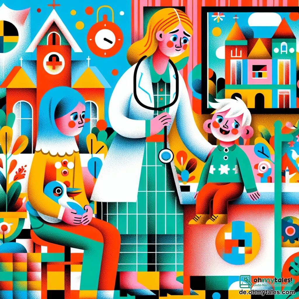 Une illustration destinée aux enfants représentant un petit garçon pâle et fatigué, accompagné de sa maman, visitant le cabinet lumineux et coloré du médecin pour découvrir qu'il doit se reposer à la maison pour guérir, avant de retrouver ses amis joyeux dans un jardin de jeu animé et coloré.