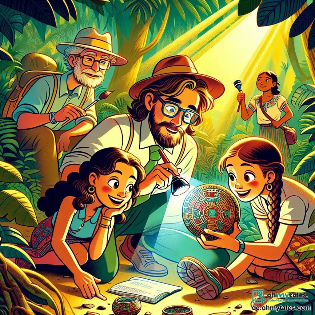 Une illustration sous forme de dessin destinée aux enfants représentant une scène vibrante dans la jungle luxuriante du Guatemala, où une archéologue passionnée, une femme aux cheveux bruns ondulés et aux yeux pétillants, est accroupie avec un pinceau et un carnet à la main, examinant avec émerveillement une ancienne céramique colorée, tandis qu'un jeune homme aux lunettes et un chapeau de paille, son collègue, l'observe avec curiosité, et une étudiante enthousiaste, une fille aux cheveux tressés, tient une lampe torche, éclairant les détails de la découverte, le tout baigné dans la lumière dorée du soleil filtrant à travers les feuillages, symbolisant l'exploration et la magie de l'histoire ancienne.