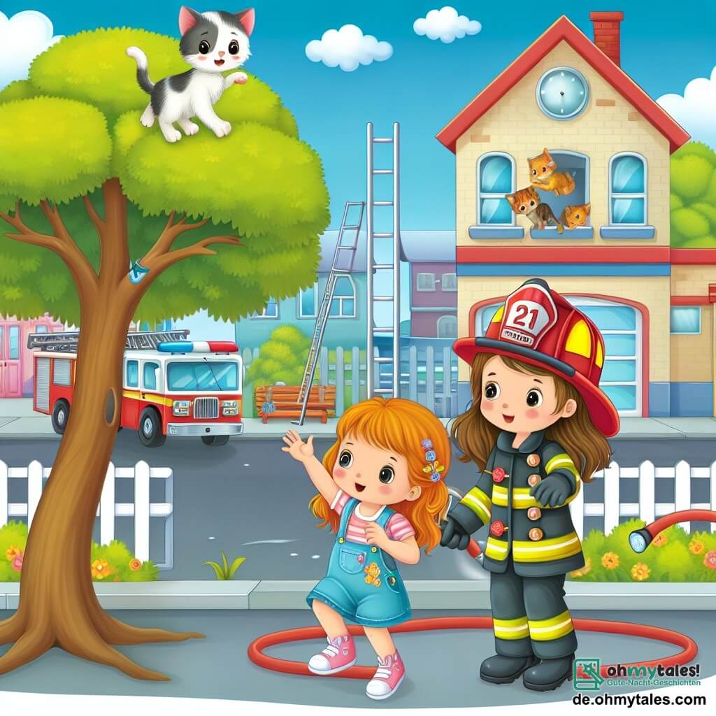 Une illustration destinée aux enfants représentant une courageuse jeune femme pompier, accompagnée de sa petite fille curieuse et pleine d'énergie, sauvant un chaton perché sur un arbre, dans une petite ville pittoresque avec une caserne de pompiers colorée et une échelle déployée.