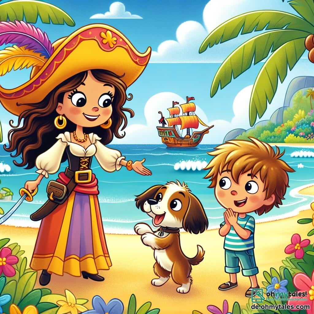 Illustration einer sonnigen tropischen Insel mit hohen Palmen, bunten Blumen und einem goldenen Sandstrand. Im Mittelpunkt der Szene steht eine mutige Piratin stolz mit einem bunten Hut, der mit einer großen Feder geschmückt ist, und einem strahlenden Lächeln. Sie hat lange braune Haare, die im Wind wehen, und ein kleines Schwert an der Taille. Neben ihr steht ein kleiner Junge, etwa 8 Jahre alt, mit zerzausten blonden Haaren, der fasziniert einen kleinen Hund betrachtet, der gerade aus einem Busch befreit wurde. Der Hund, ein niedlicher Welpe mit großen Ohren, scheint fröhlich zu sein und wedelt mit dem Schwanz. Die Piratin streckt freundlich die Hand nach dem Welpen aus, während der Junge vor Freude applaudiert. Im Hintergrund sieht man den blauen Himmel mit einigen weißen Wolken, sanfte Wellen, die am Ufer brechen, und ein buntes Piratenschiff, das in der Nähe des Strandes ankert und der Szene einen Hauch von Abenteuer verleiht.